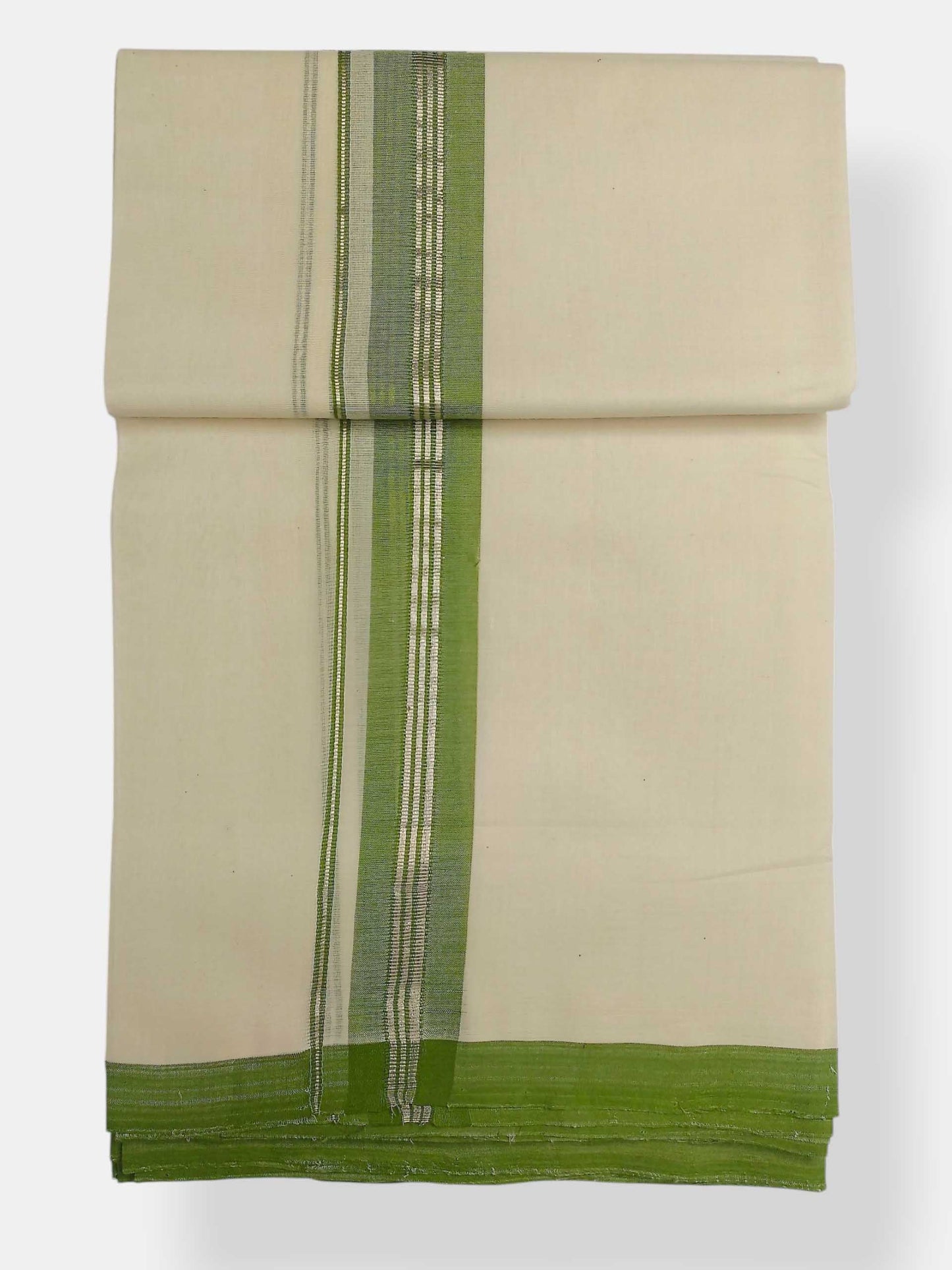 Balaramapuram Handloom Double Mundu Pure Cotton with Olive Green Border