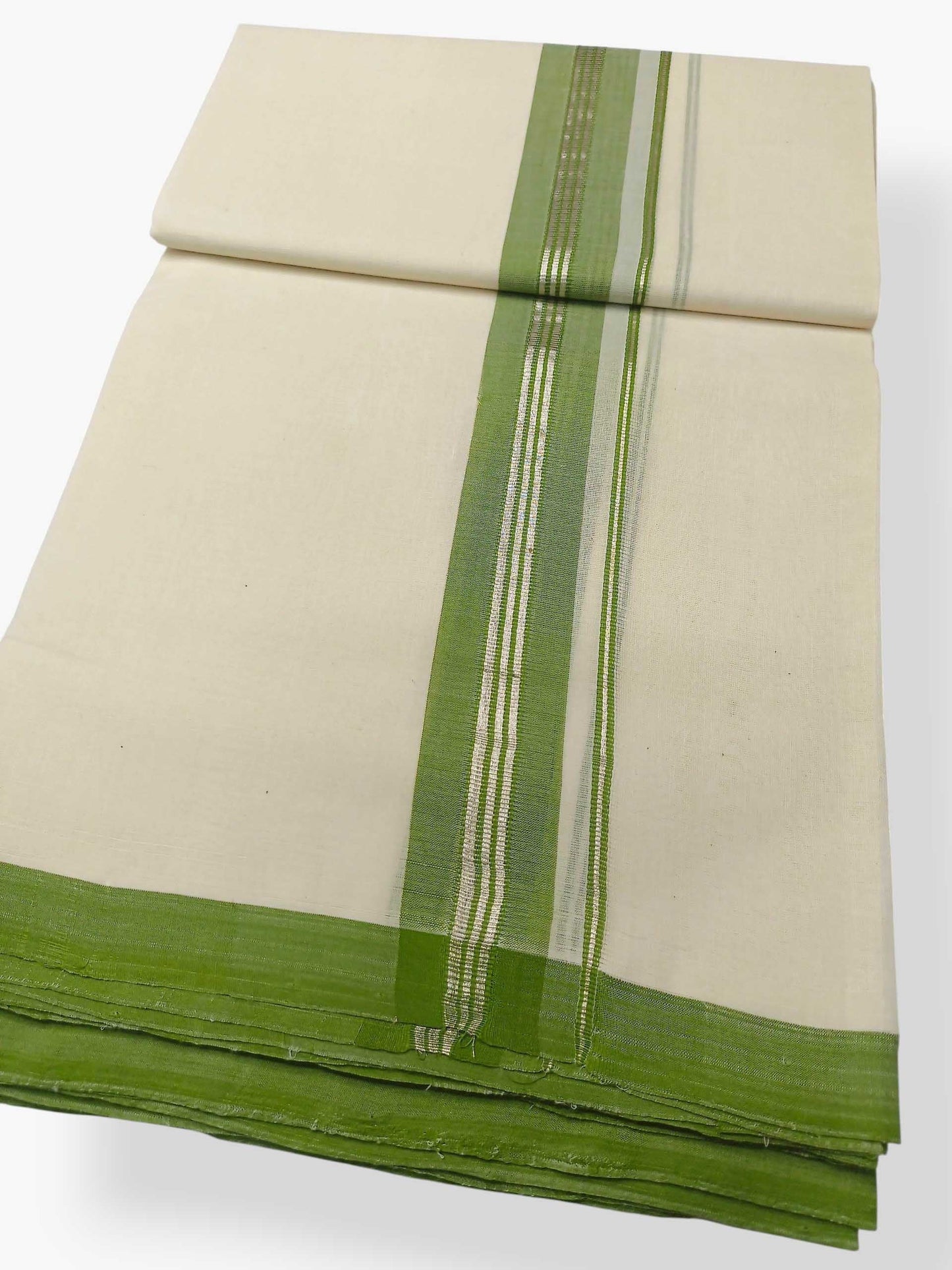 Balaramapuram Handloom Double Mundu Pure Cotton with Olive Green Border