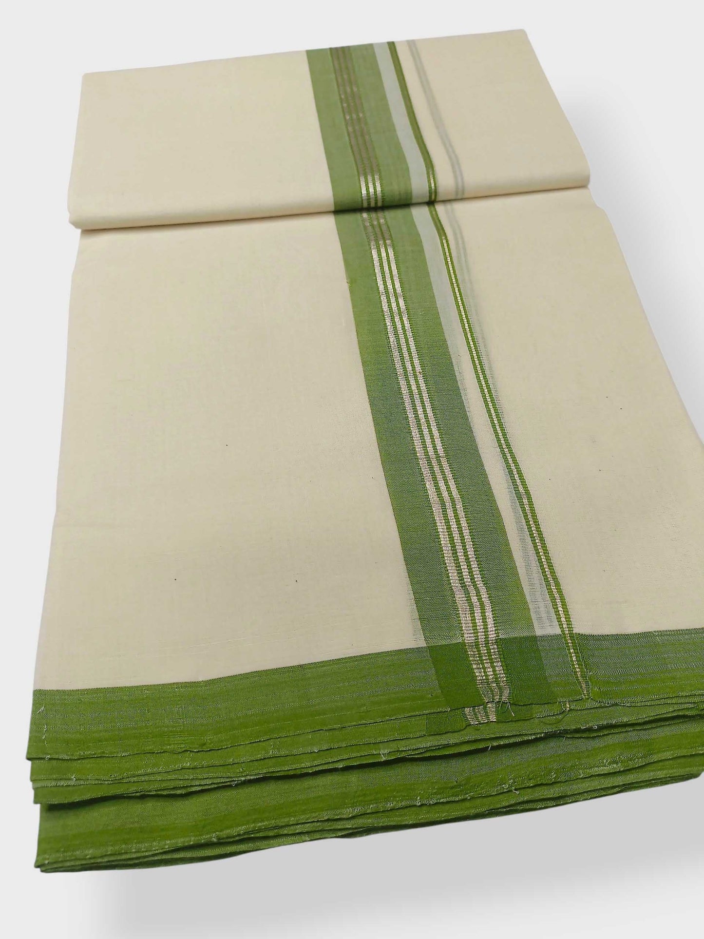 Balaramapuram Handloom Double Mundu Pure Cotton with Olive Green Border