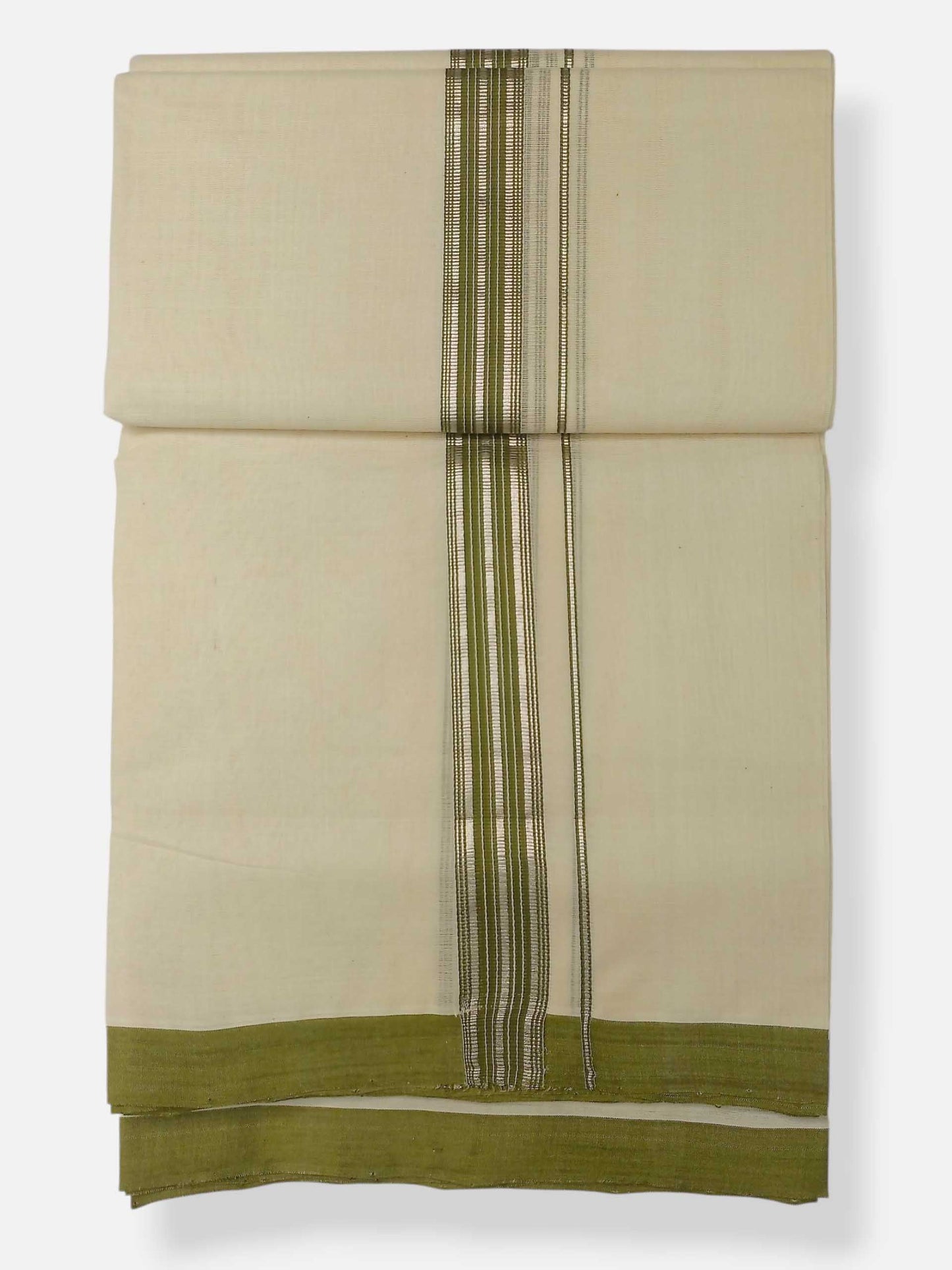 Balaramapuram Handloom Double Mundu Pure Cotton with Olive Green Border