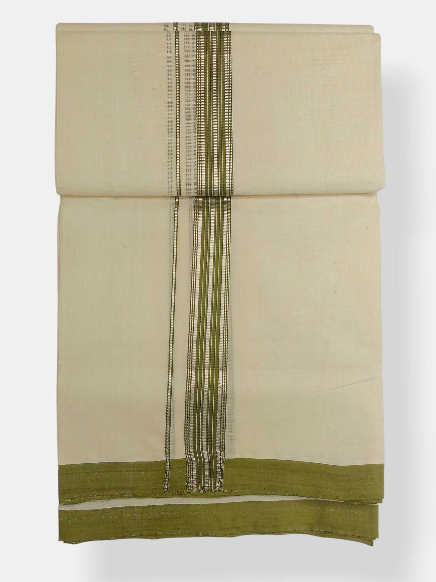 Balaramapuram Handloom Double Mundu Pure Cotton with Olive Green Border