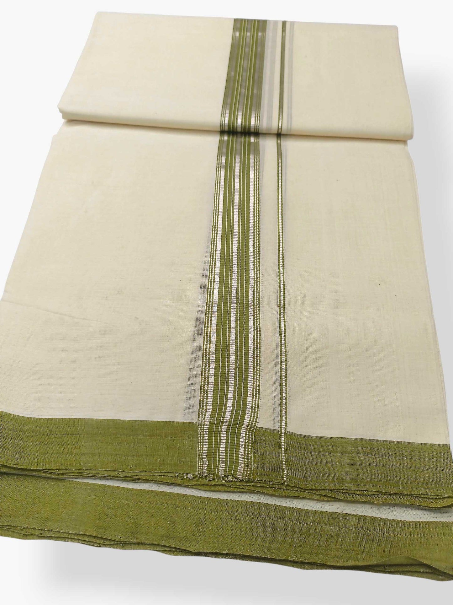 Balaramapuram Handloom Double Mundu Pure Cotton with Olive Green Border