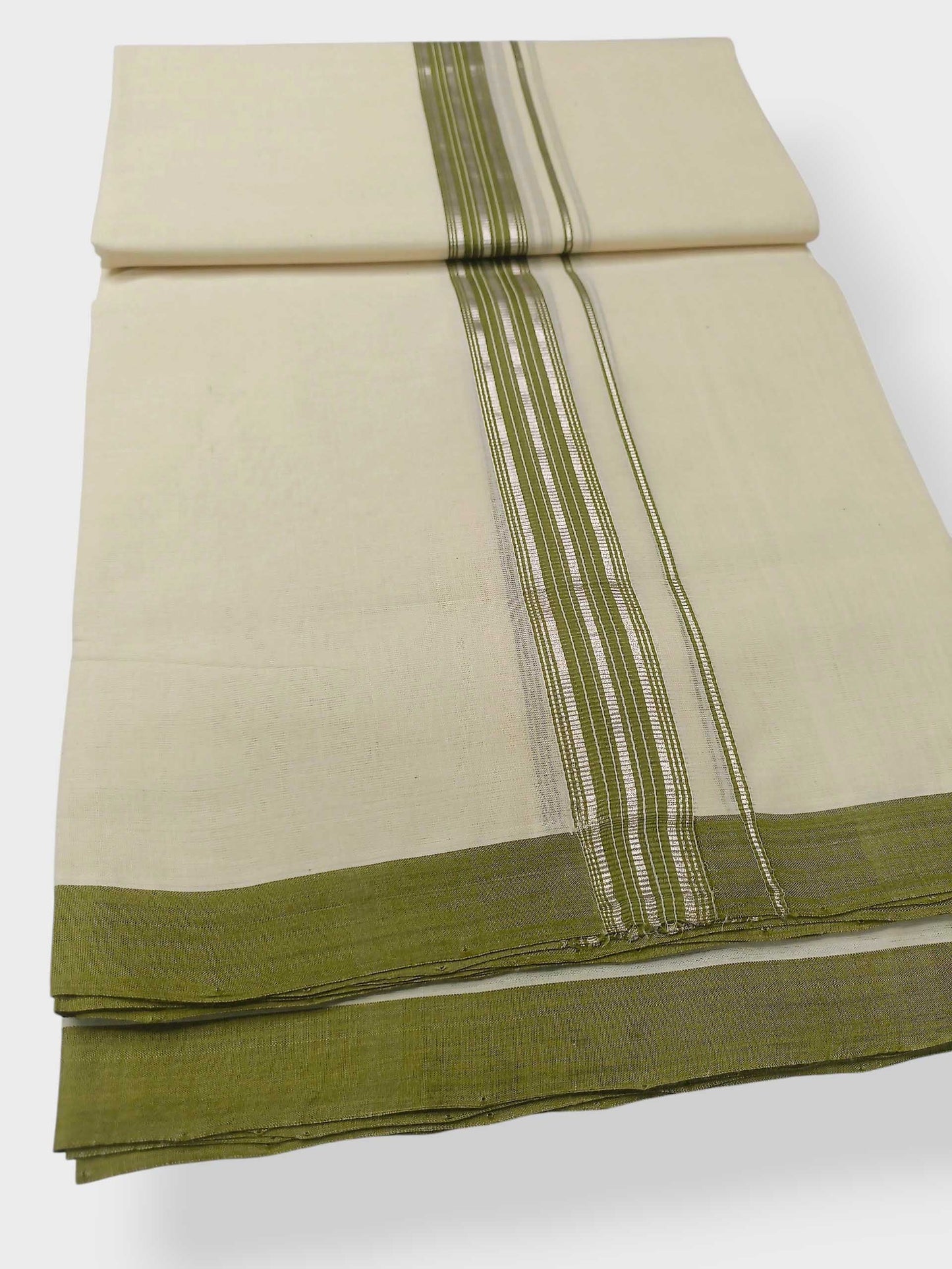 Balaramapuram Handloom Double Mundu Pure Cotton with Olive Green Border