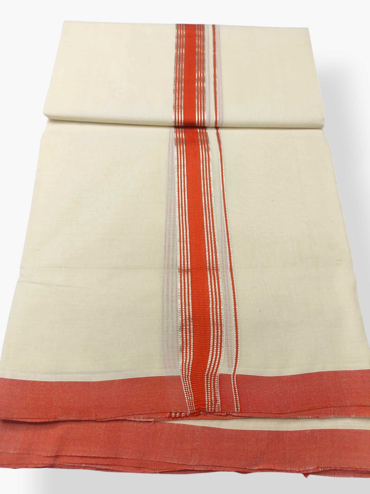 Balaramapuram Handloom Double Mundu Pure Cotton with Orange Border