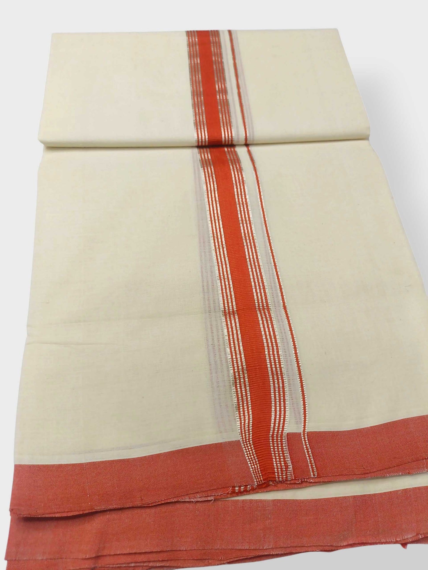 Balaramapuram Handloom Double Mundu Pure Cotton with Orange Border