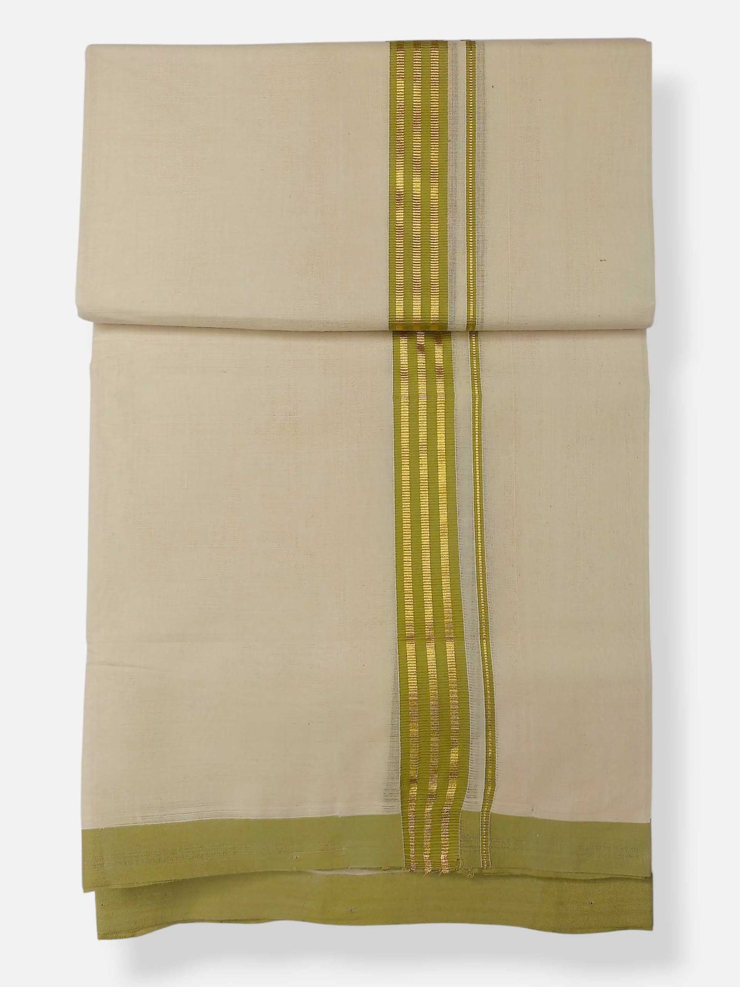 Balaramapuram Handloom Double Mundu Pure Cotton with Yellow Green Border
