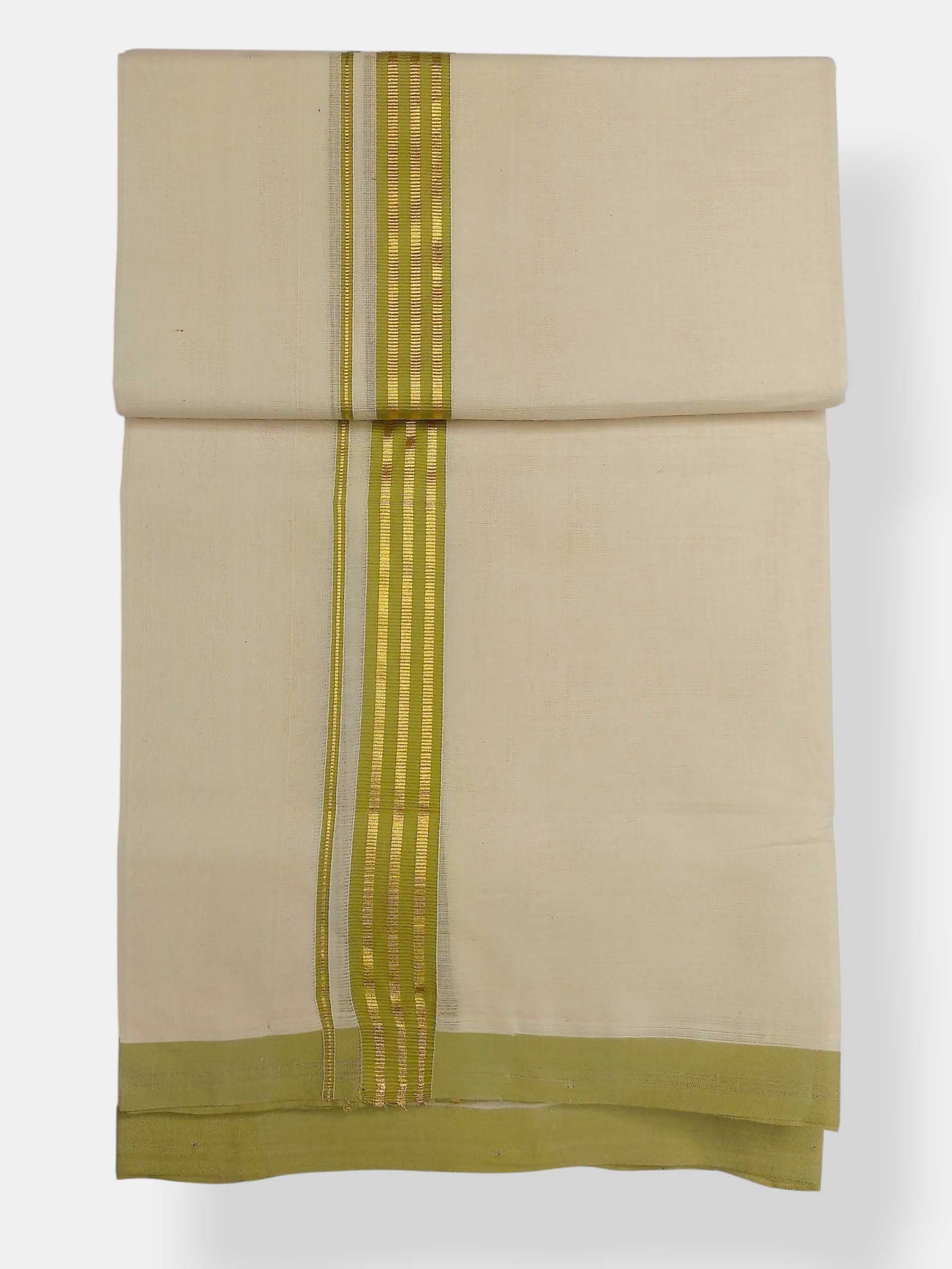 Balaramapuram Handloom Double Mundu Pure Cotton with Yellow Green Border