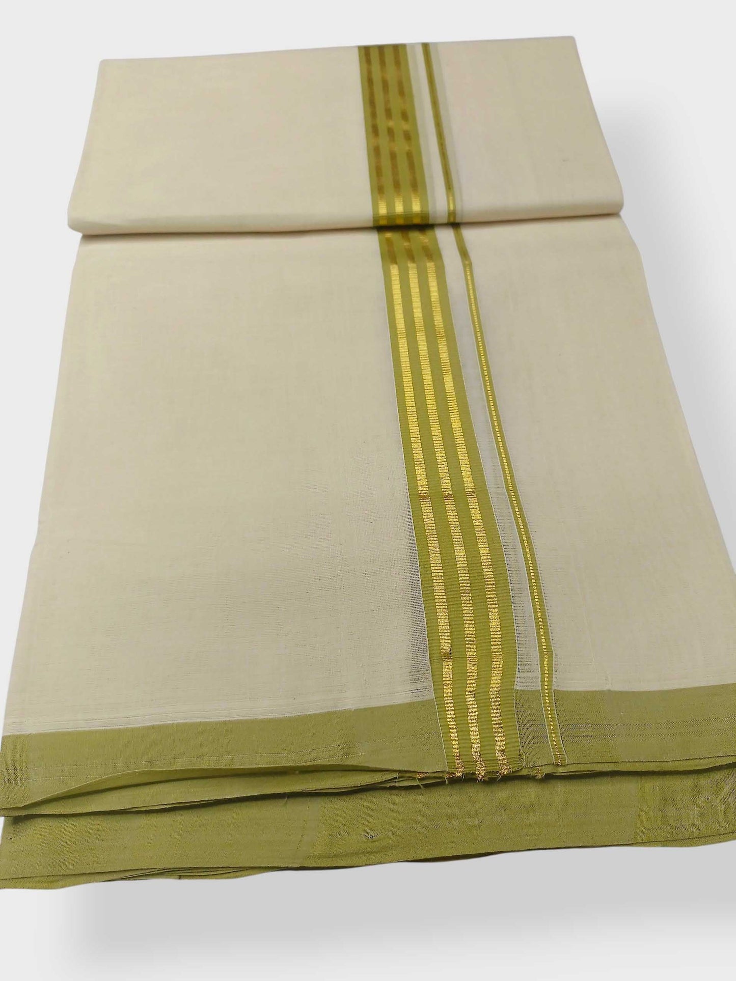 Balaramapuram Handloom Double Mundu Pure Cotton with Yellow Green Border