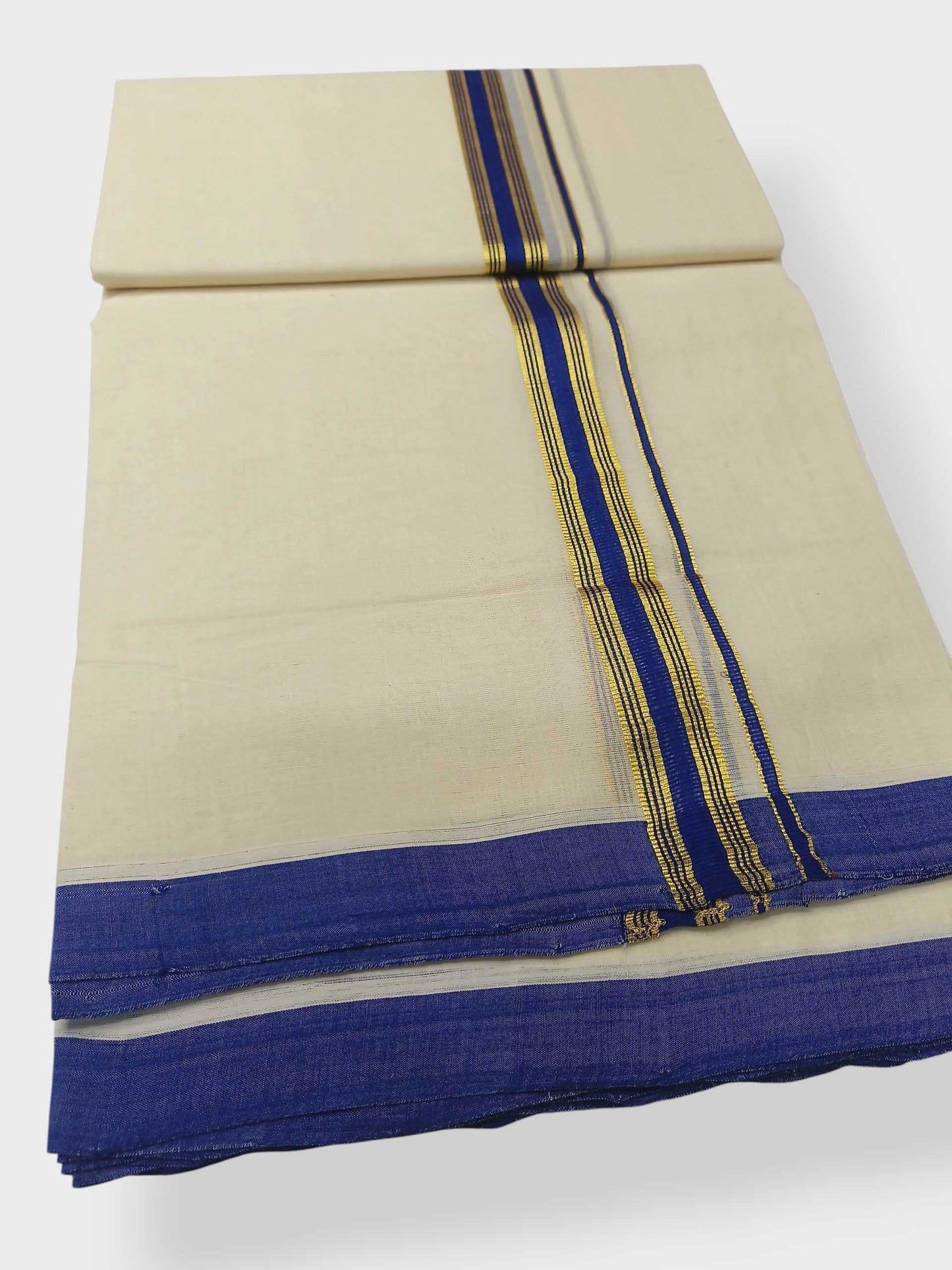 Balaramapuram Handloom Double Mundu Pure Cotton with Blue Border
