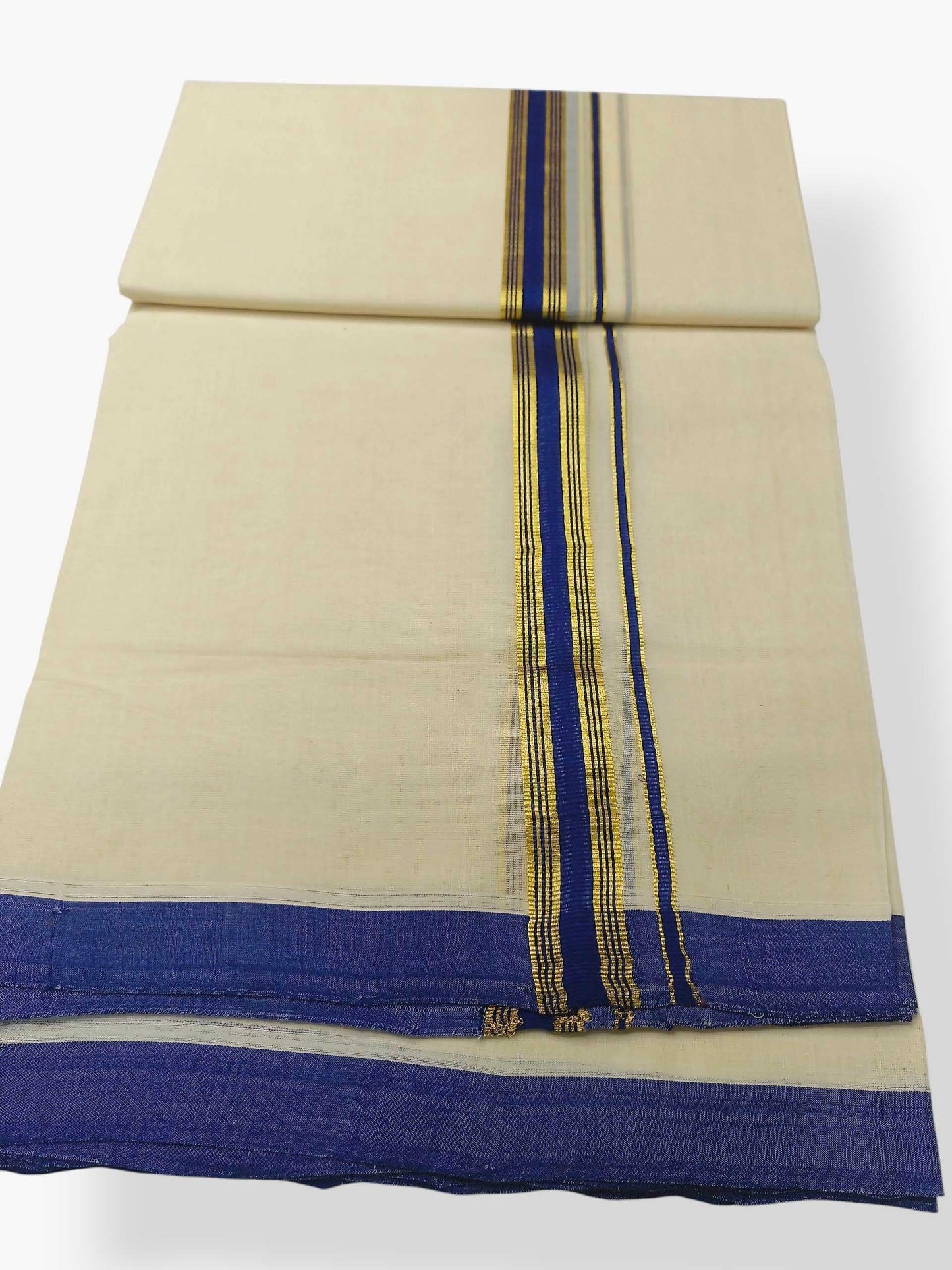 Balaramapuram Handloom Double Mundu Pure Cotton with Blue Border