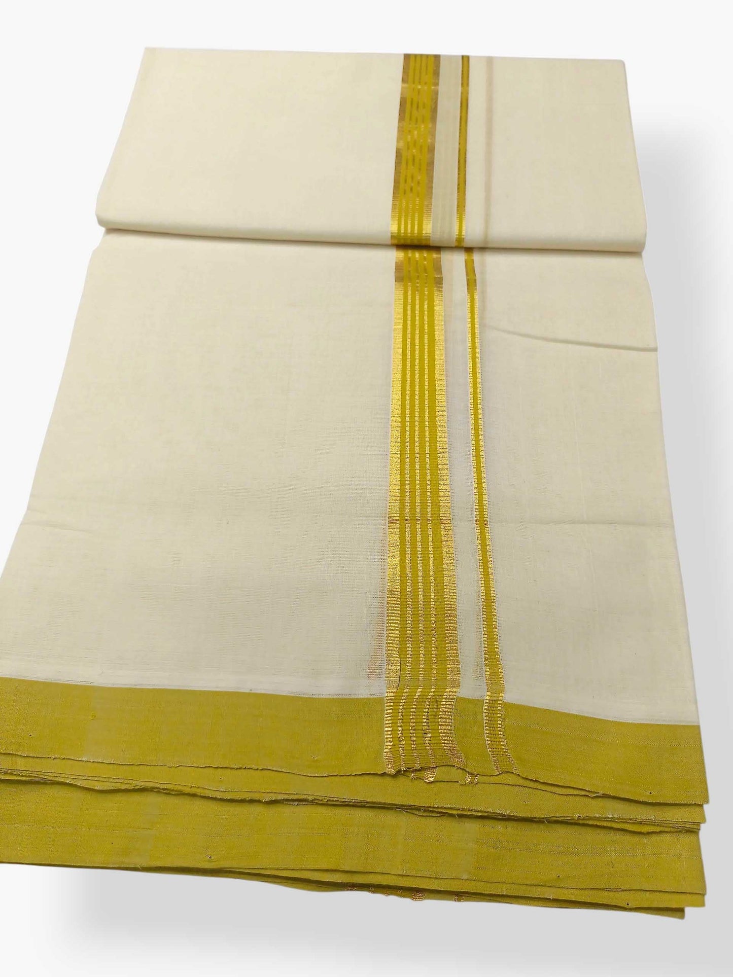 Balaramapuram Handloom Double Mundu Pure Cotton with Yellow Green Border