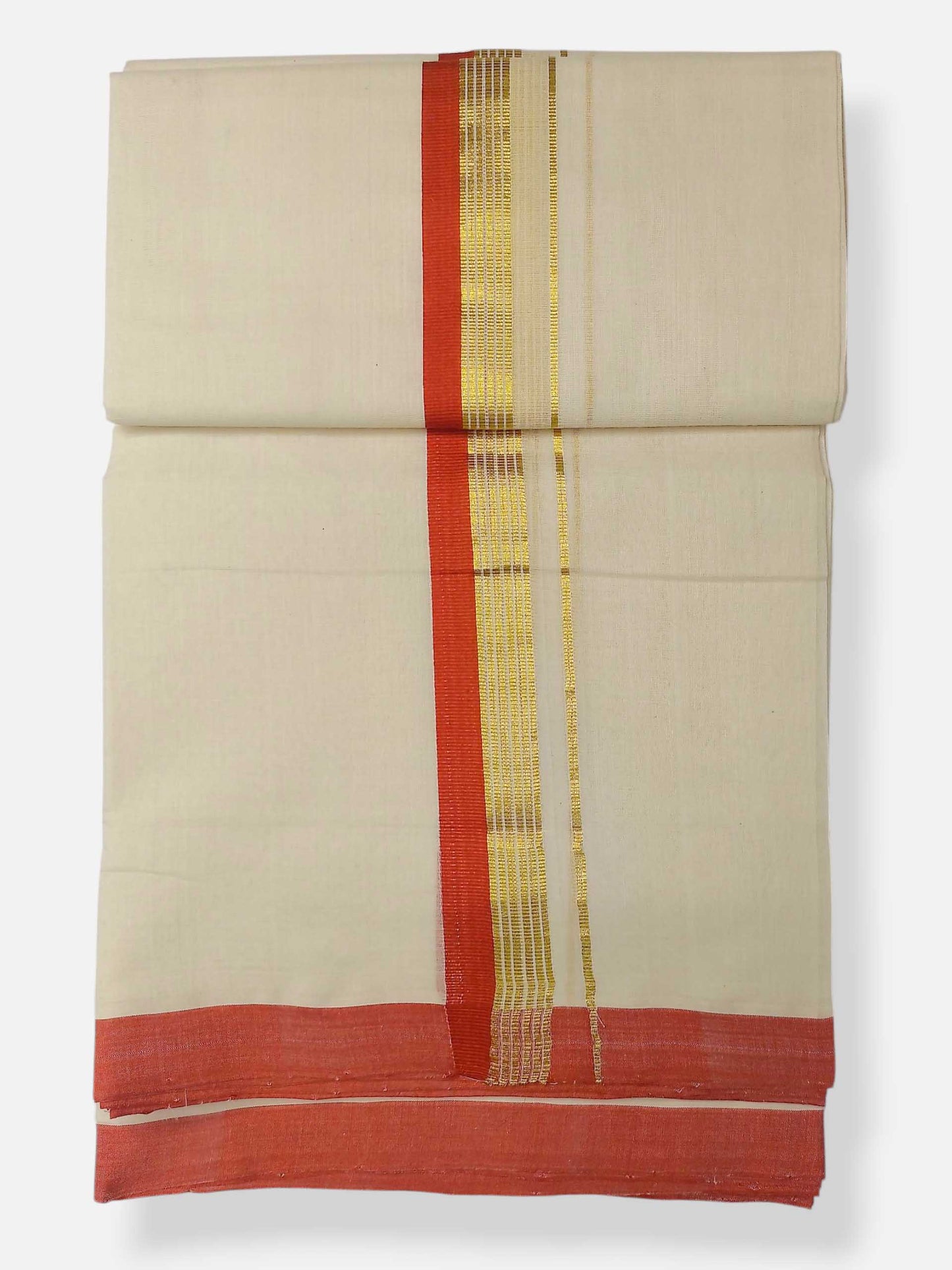 Balaramapuram Handloom Double Mundu Pure Cotton with Orange Border