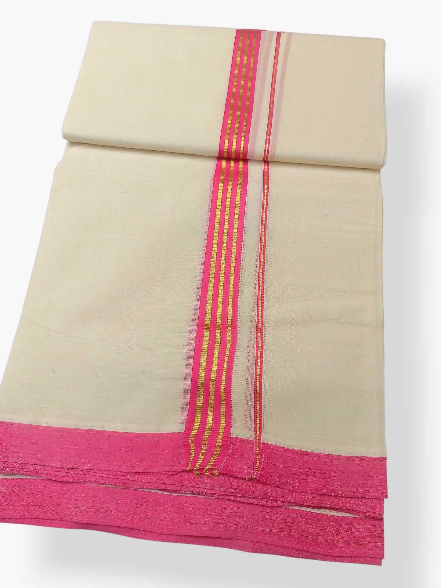 Balaramapuram Handloom Double Mundu Pure Cotton with Magenta Border