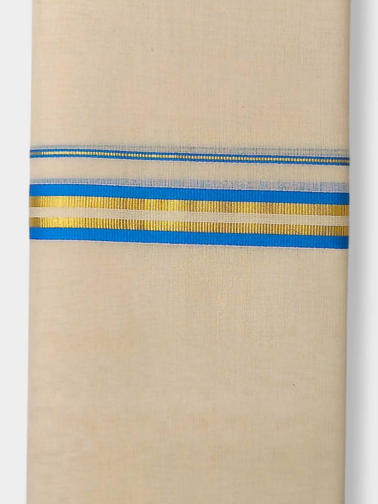 Balaramapuram Handloom Double Mundu Pure Cotton with SkyBlue Border