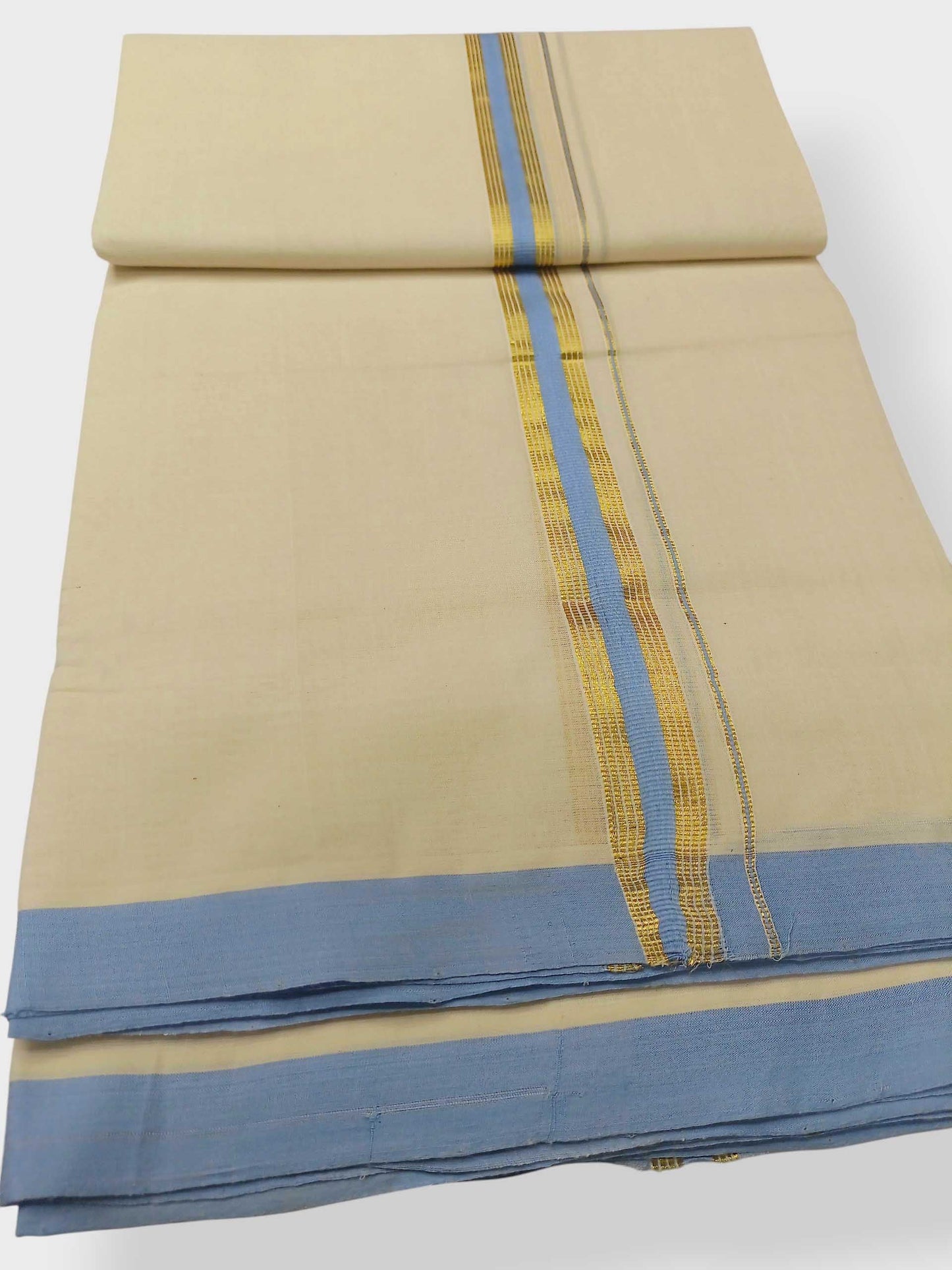 Balaramapuram Handloom Double Mundu Pure Cotton with Blue Border