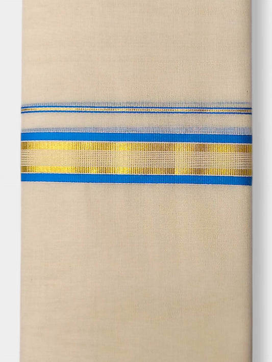 Balaramapuram Handloom Double Mundu Pure Cotton with SkyBlue Border