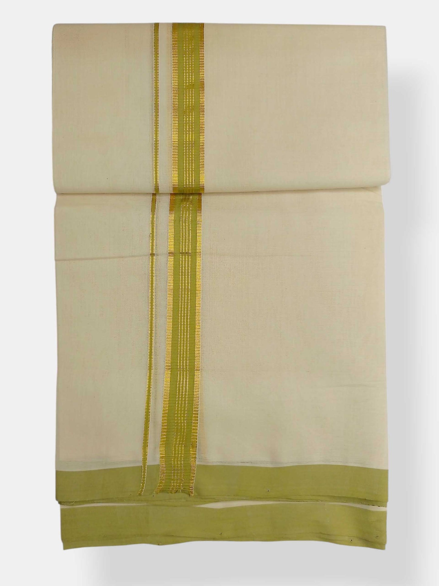 Balaramapuram Handloom Double Mundu Pure Cotton with Yellow Green Border
