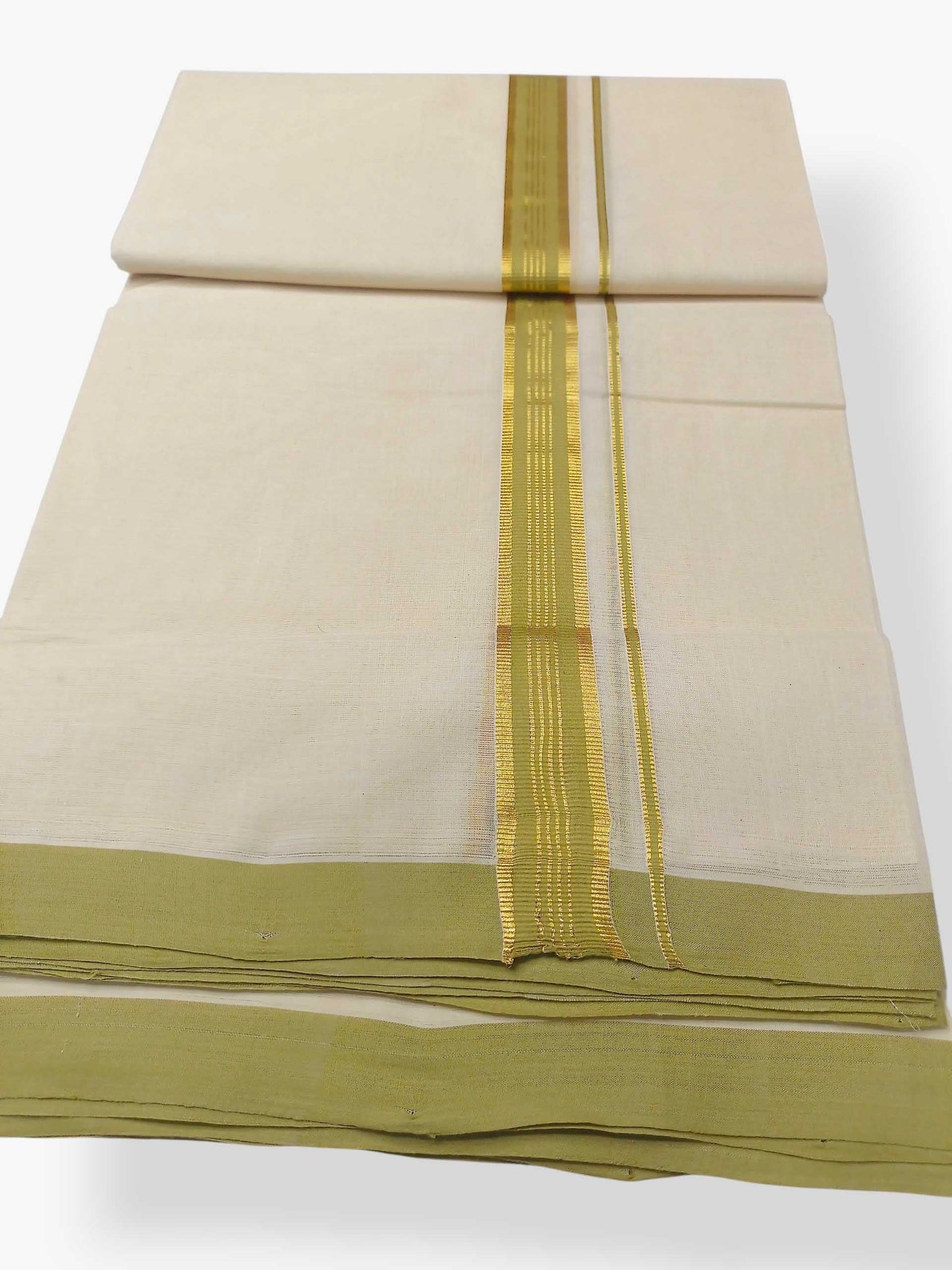 Balaramapuram Handloom Double Mundu Pure Cotton with Yellow Green Border