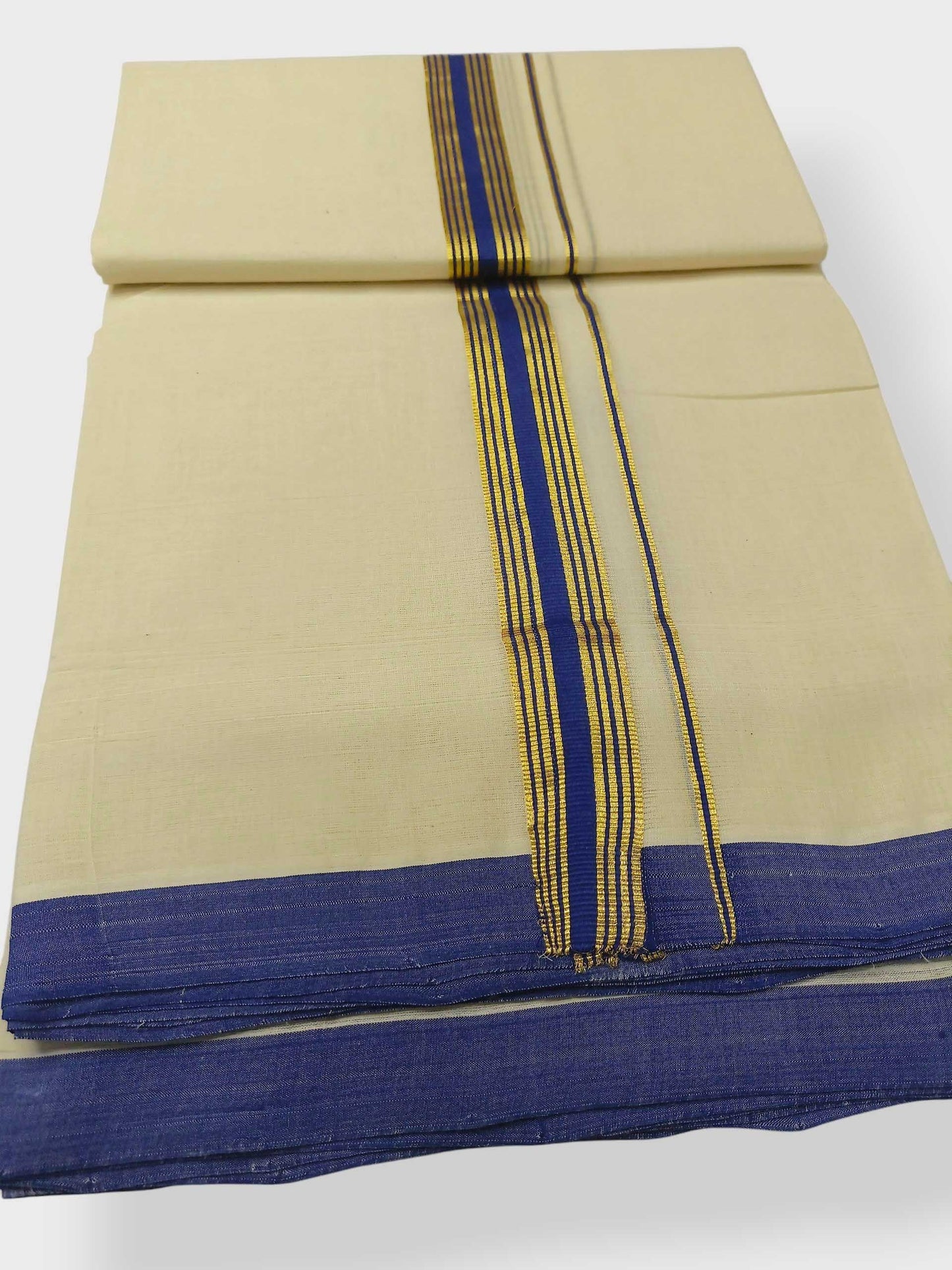 Balaramapuram Handloom Double Mundu Pure Cotton with Blue Border