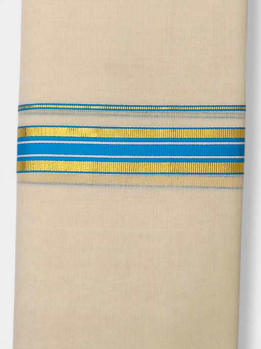 Balaramapuram Handloom Double Mundu Pure Cotton with SkyBlue Border