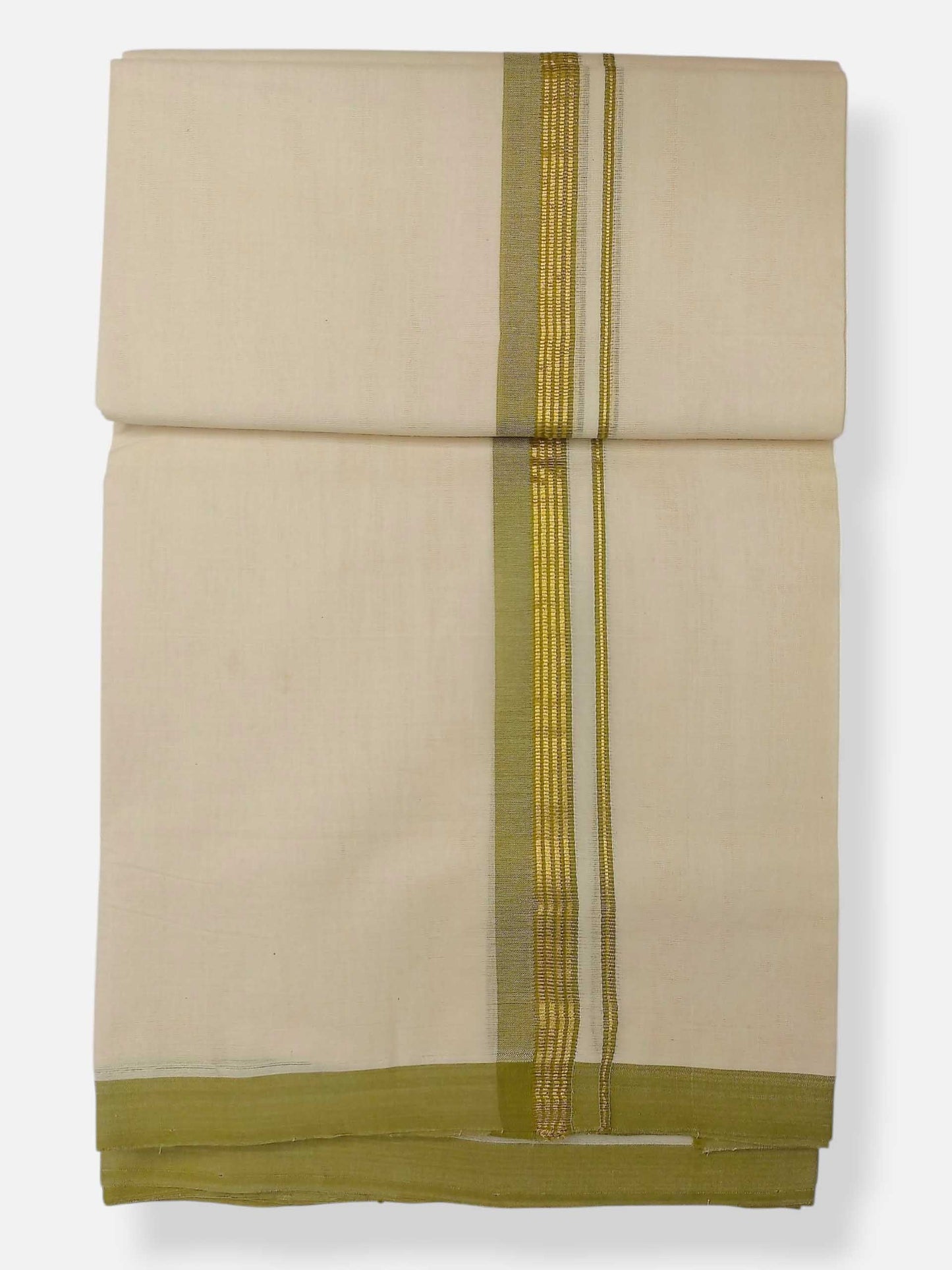 Balaramapuram Handloom Double Mundu Pure Cotton with Olive Green Border
