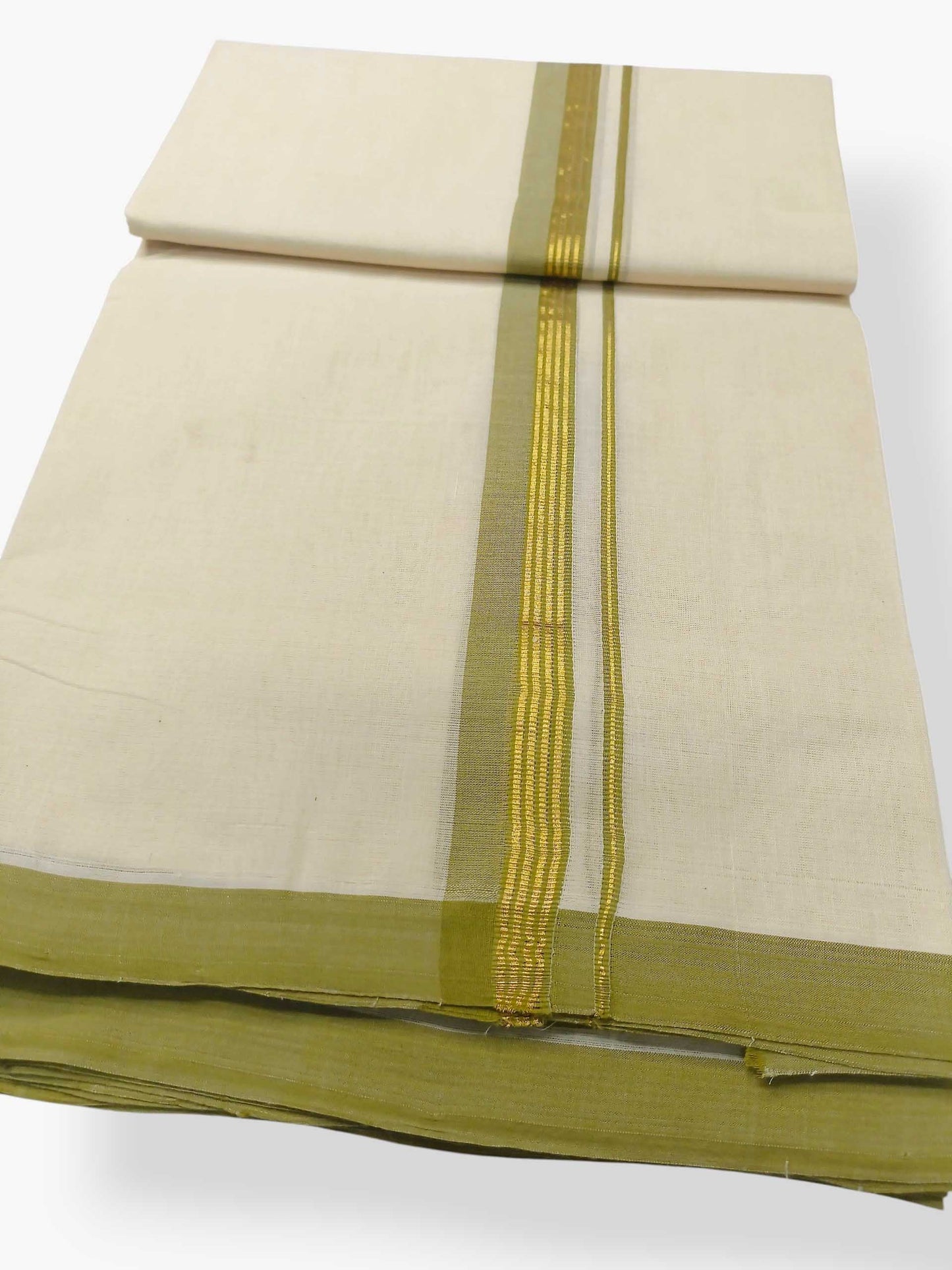 Balaramapuram Handloom Double Mundu Pure Cotton with Olive Green Border