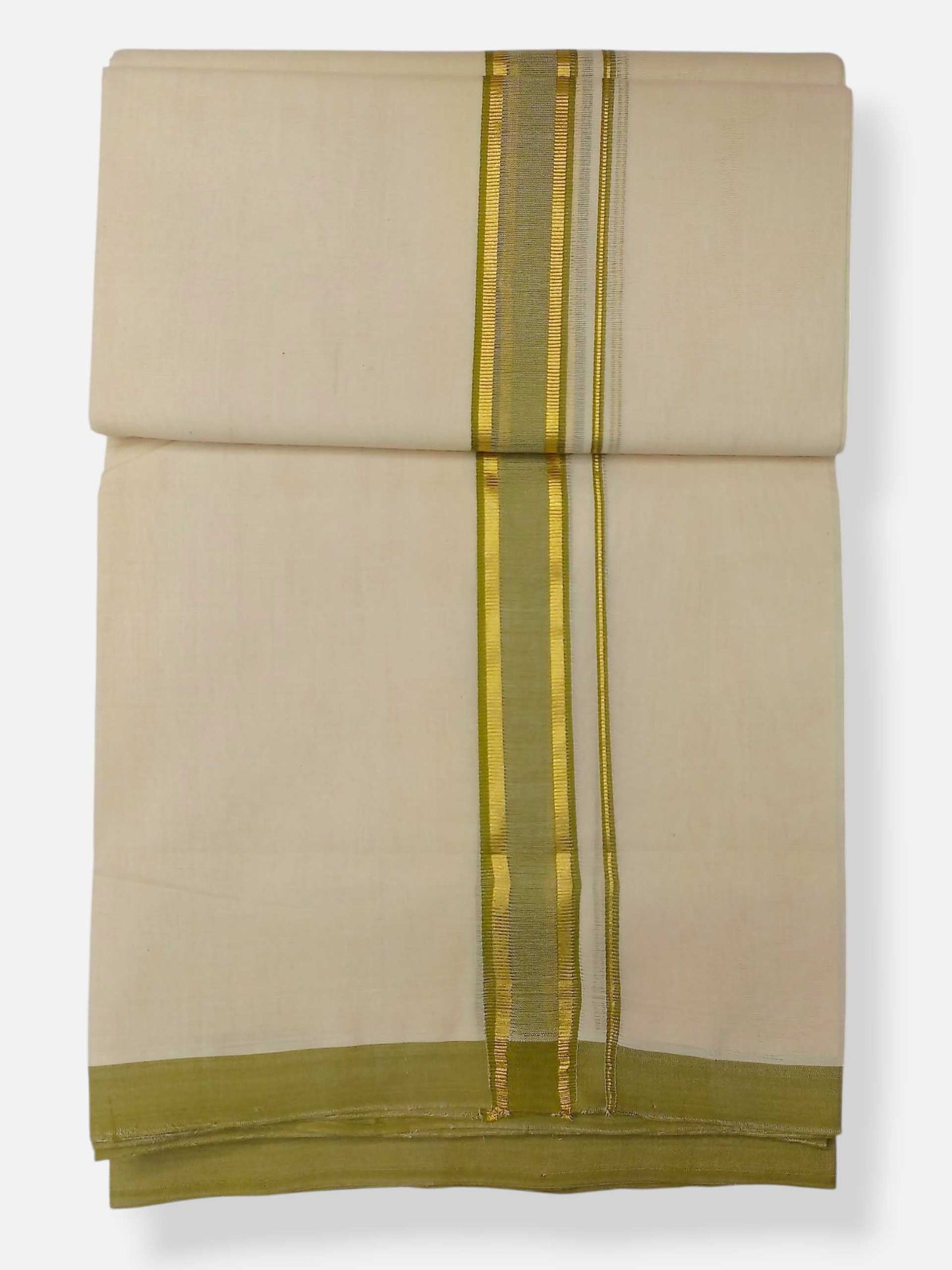 Balaramapuram Handloom Double Mundu Pure Cotton with Olive Green Border