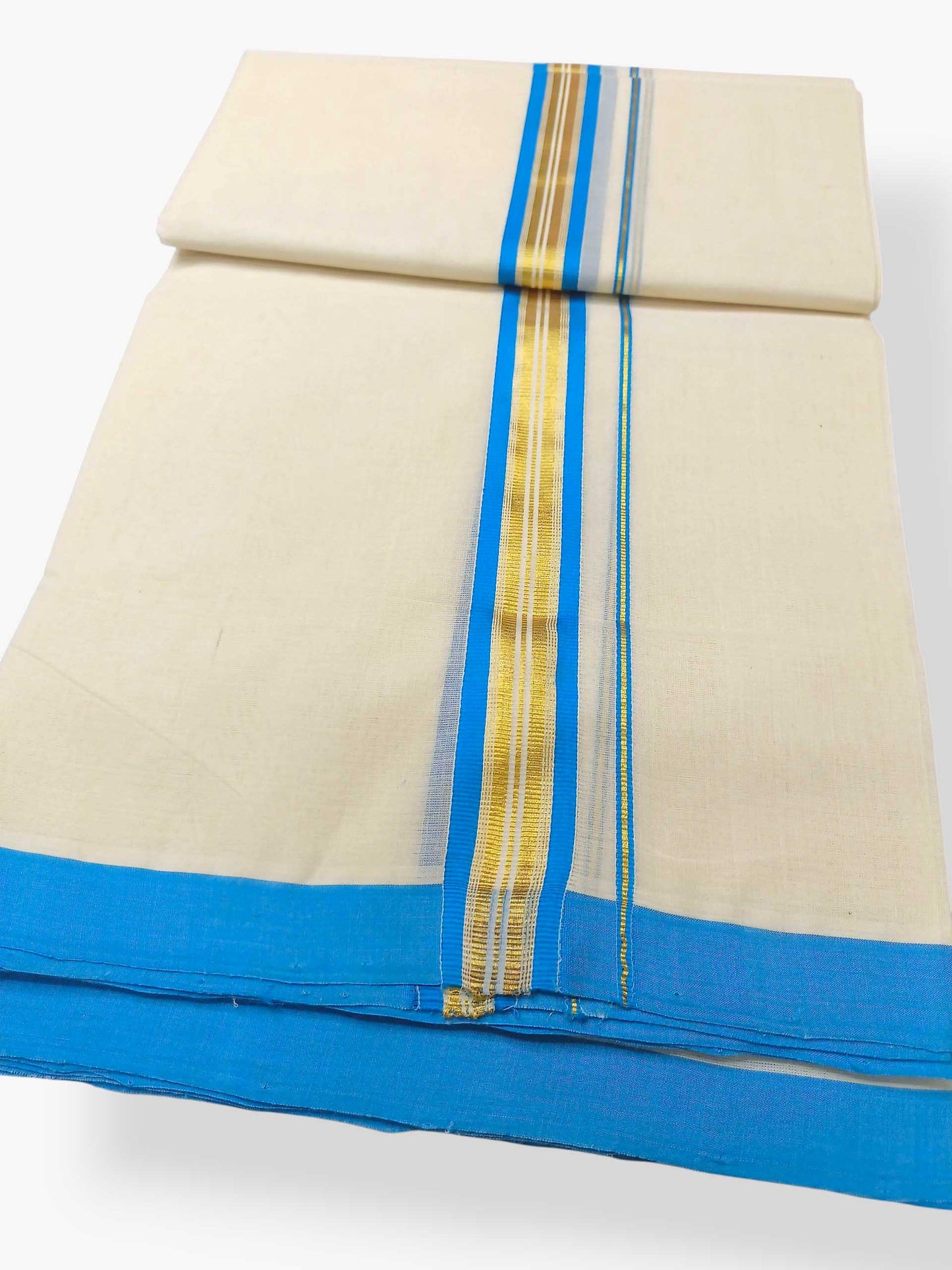 Balaramapuram Handloom Double Mundu Pure Cotton with SkyBlue Border