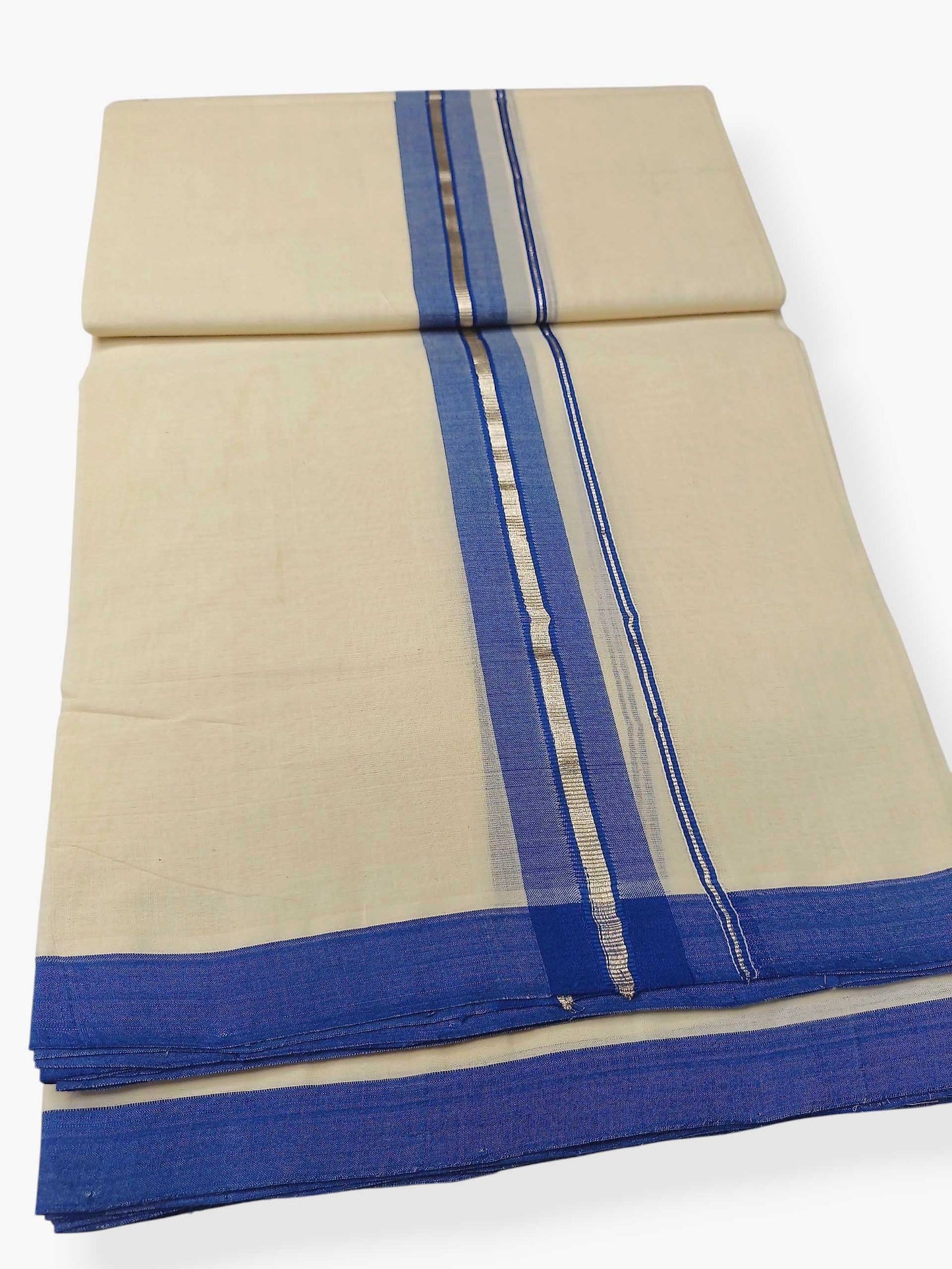Balaramapuram Handloom Double Mundu Pure Cotton with Blue Border