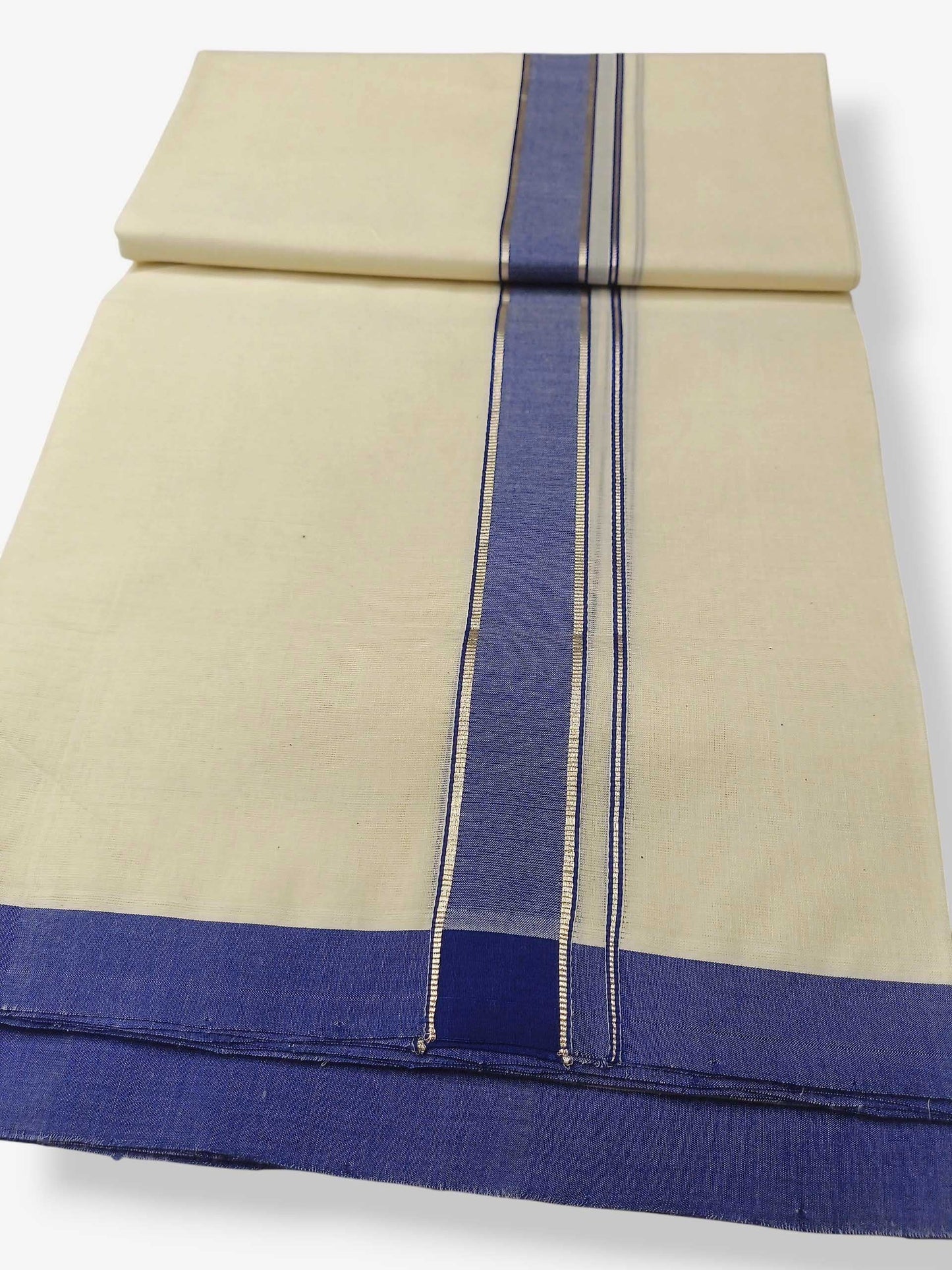 Balaramapuram Handloom Double Mundu Pure Cotton with Blue Border