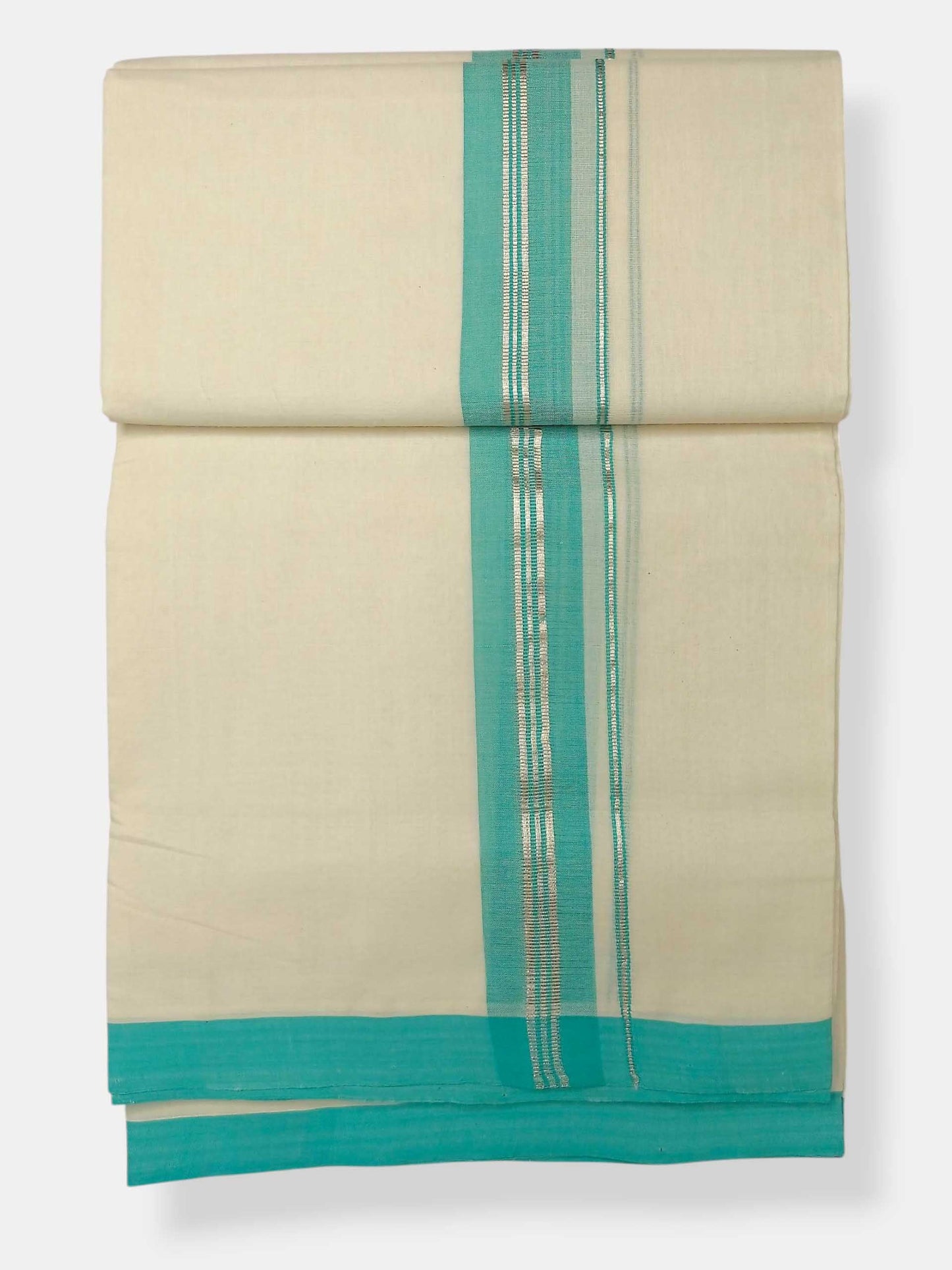 Balaramapuram Handloom Double Mundu Pure Cotton with Aqua Blue Border
