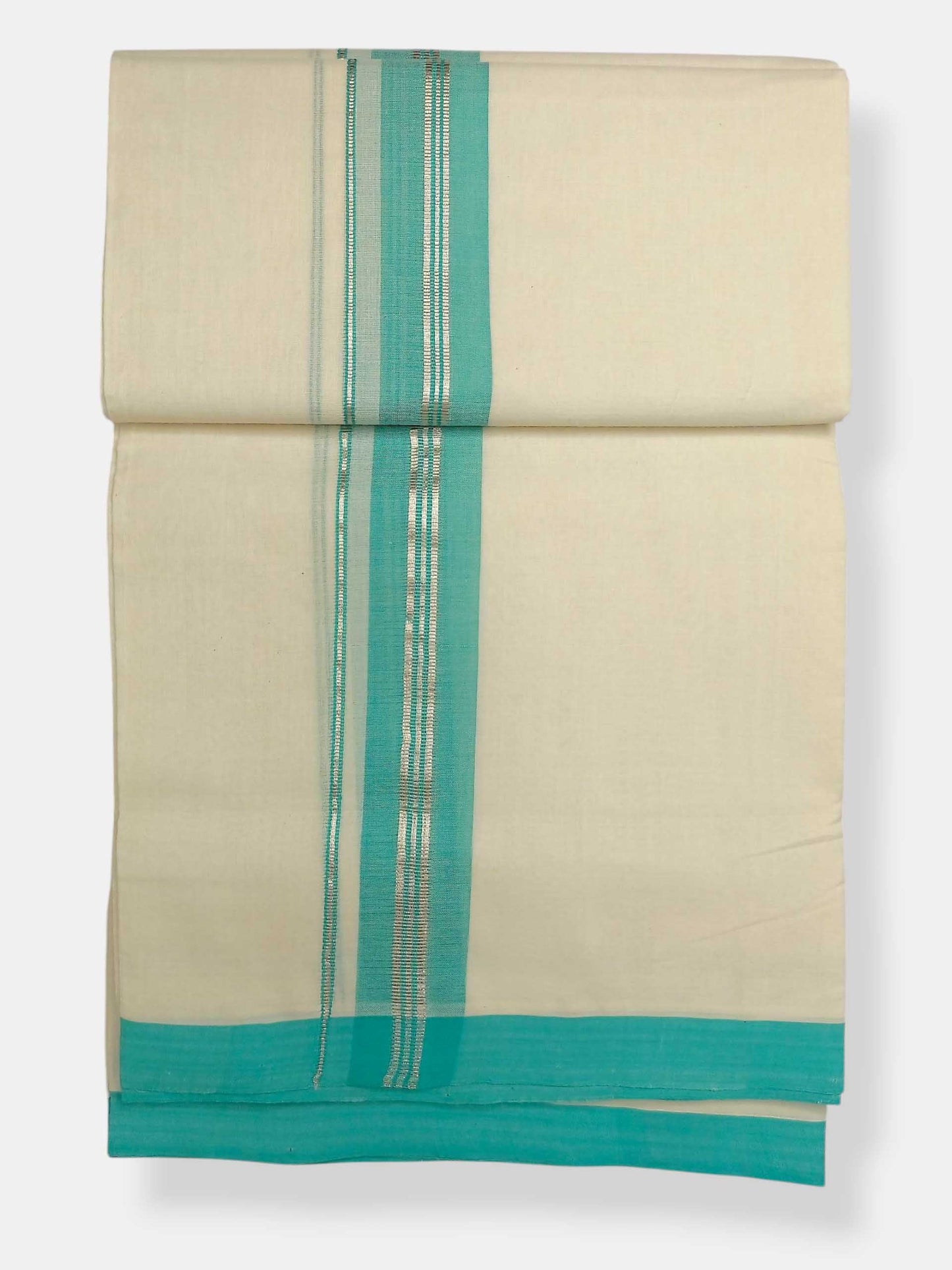 Balaramapuram Handloom Double Mundu Pure Cotton with Aqua Blue Border