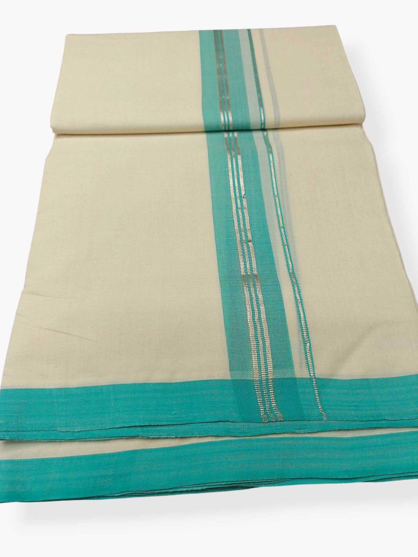 Balaramapuram Handloom Double Mundu Pure Cotton with Aqua Blue Border