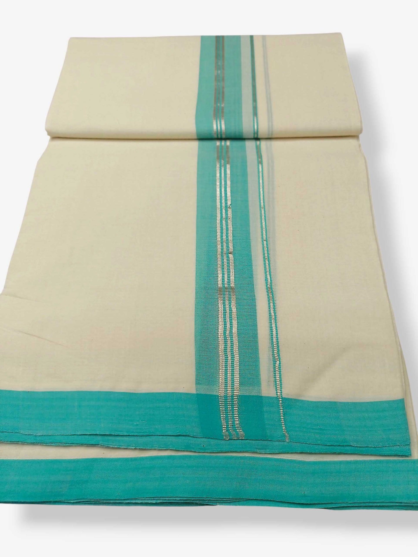 Balaramapuram Handloom Double Mundu Pure Cotton with Aqua Blue Border