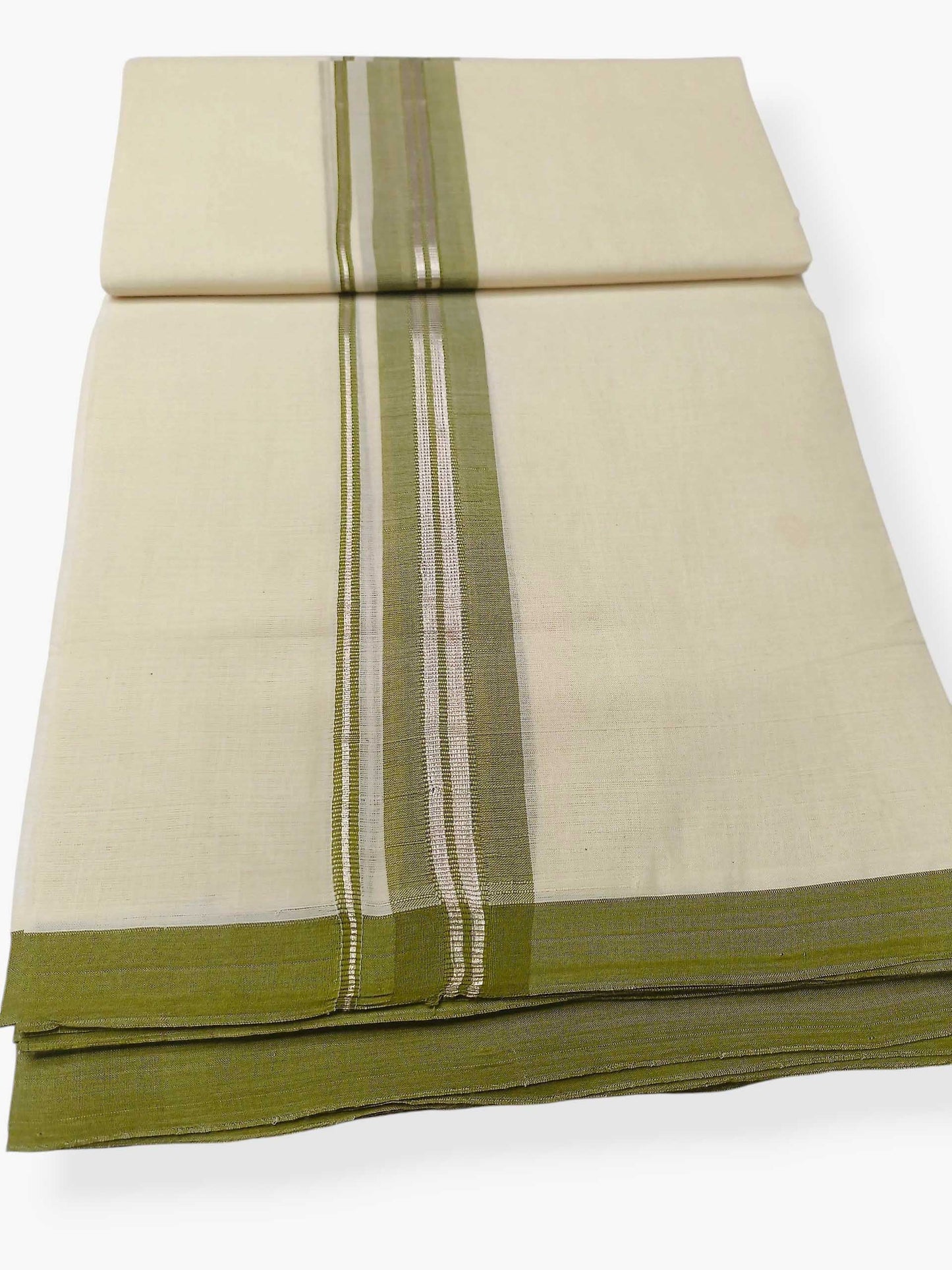 Balaramapuram Handloom Double Mundu Pure Cotton with Olive Green Border