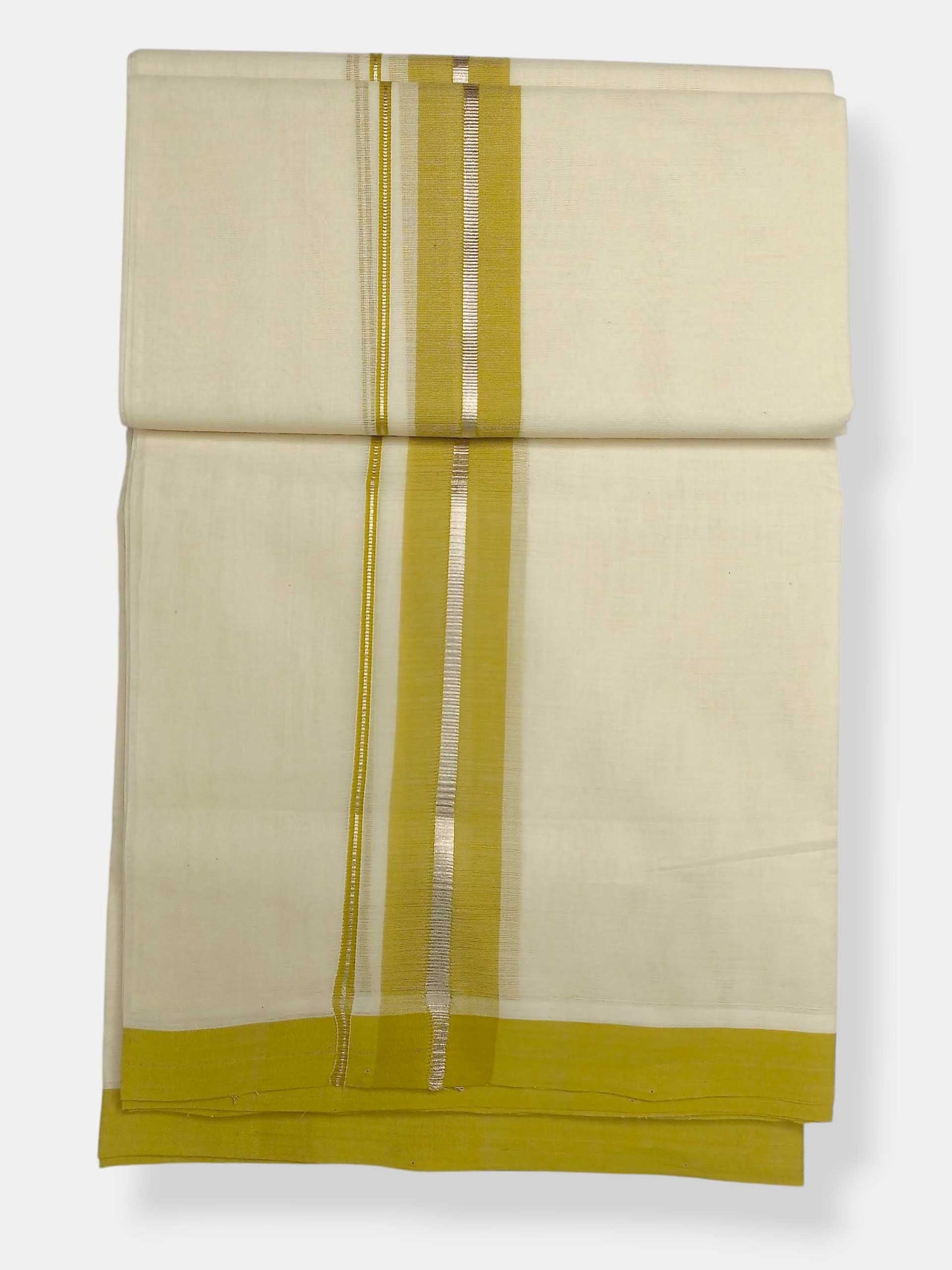 Balaramapuram Handloom Double Mundu Pure Cotton with Yellow Green Border