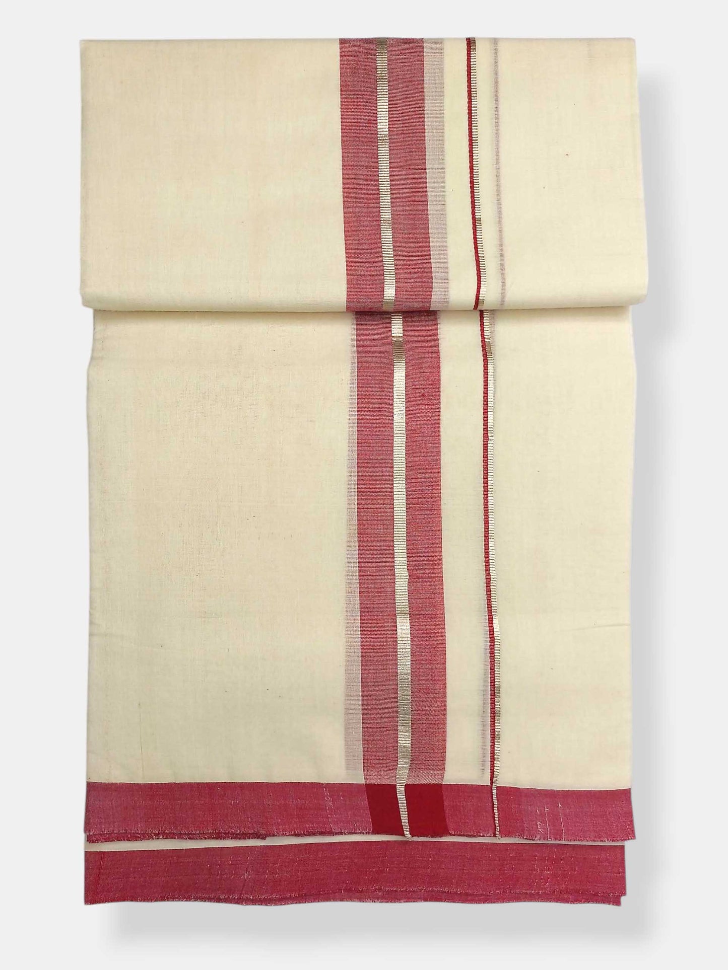 Balaramapuram Handloom Double Mundu Pure Cotton with Dark Maroon Border