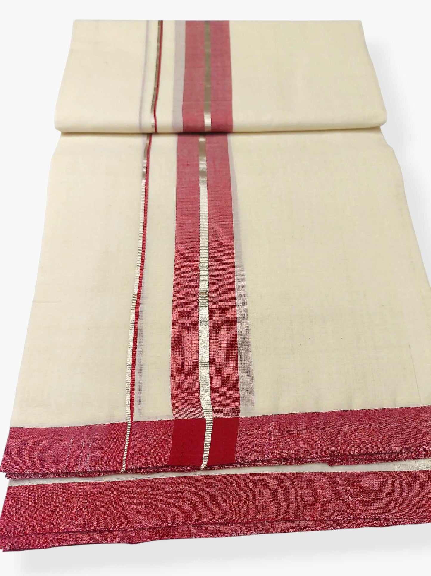 Balaramapuram Handloom Double Mundu Pure Cotton with Dark Maroon Border