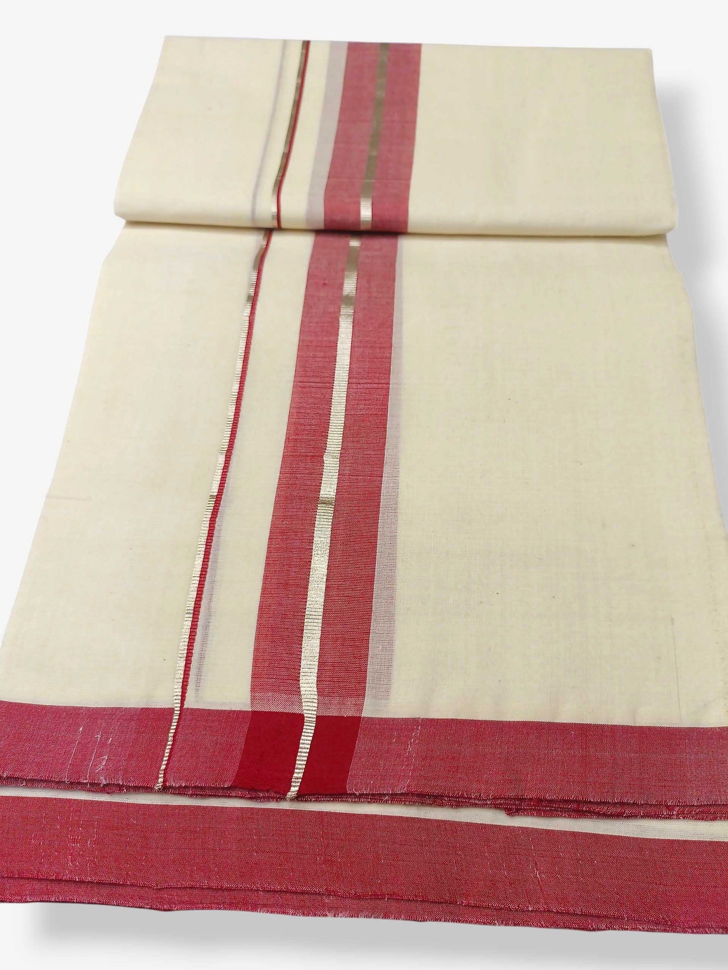 Balaramapuram Handloom Double Mundu Pure Cotton with Dark Maroon Border