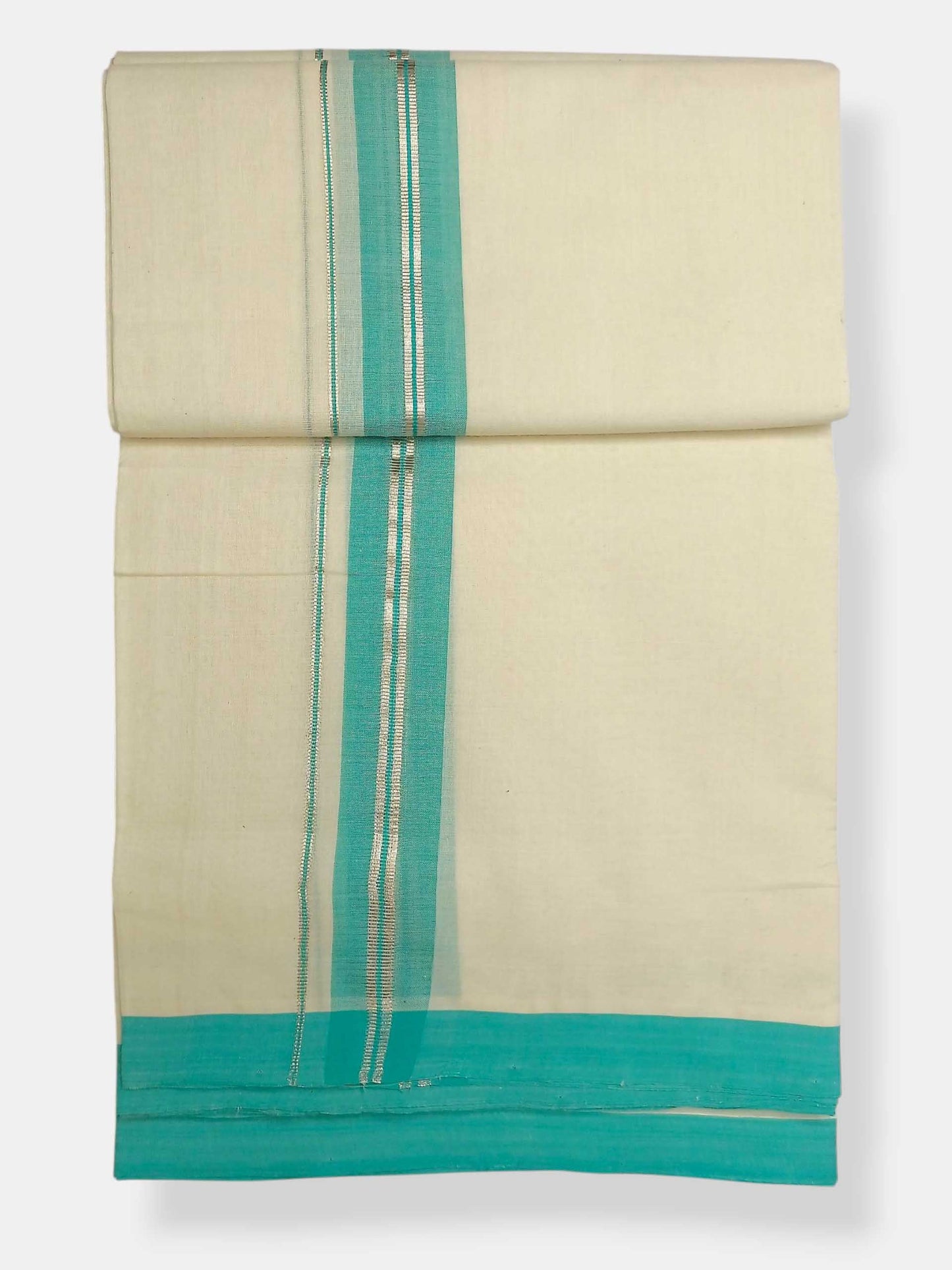 Balaramapuram Handloom Double Mundu Pure Cotton with Turquoise Border