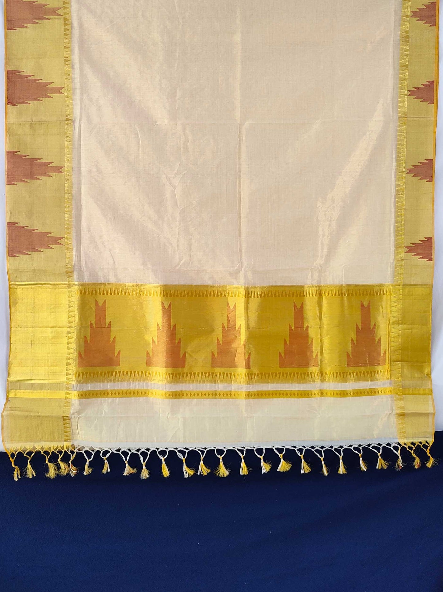 Kerala Kasavu Saree Premium Balaramapuram Handloom with Red Fire Design
