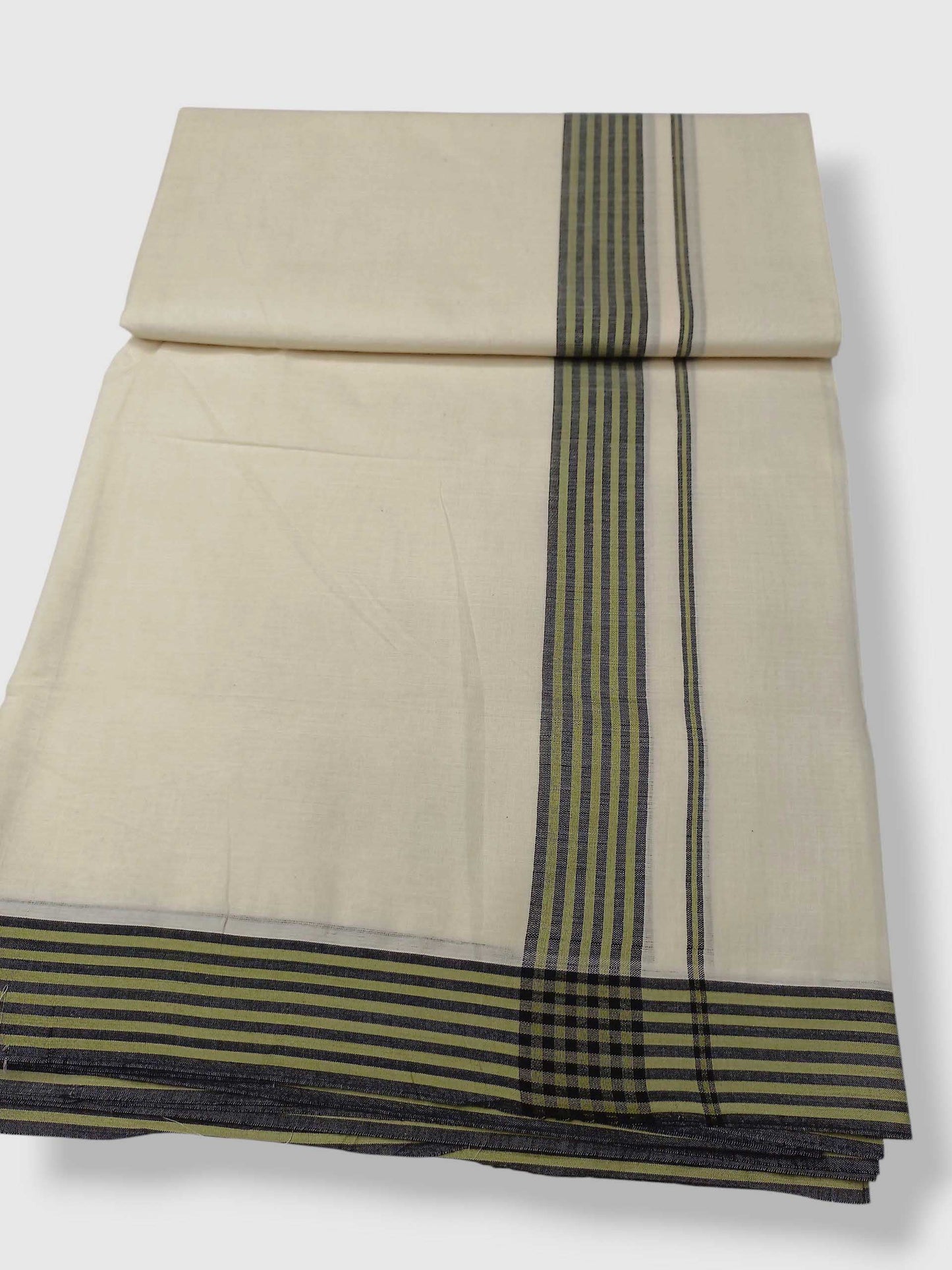 Kerala Mundu/Dhoti (L- 4.60M) Pure Cotton with Green & Black Design