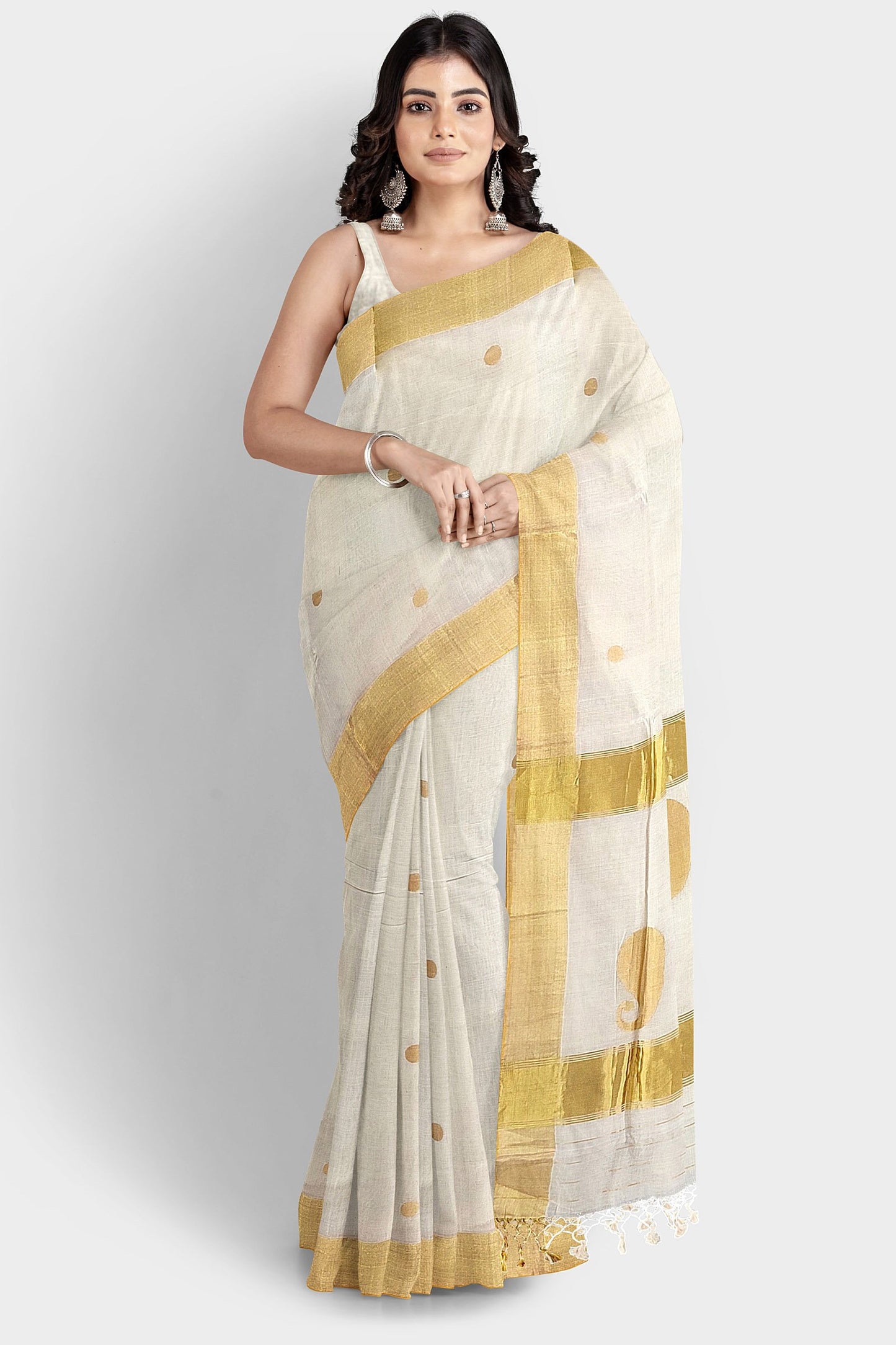 Kerala Handloom Kasavu Saree with Golden Leaf Motif