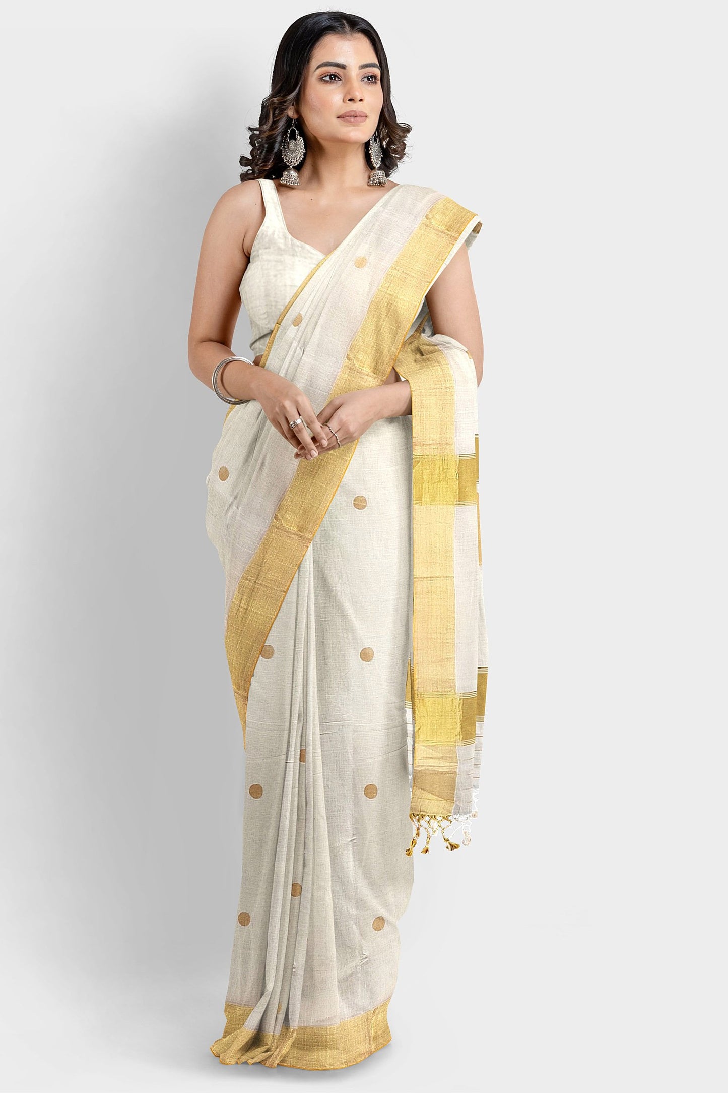 Kerala Handloom Kasavu Saree with Golden Leaf Motif