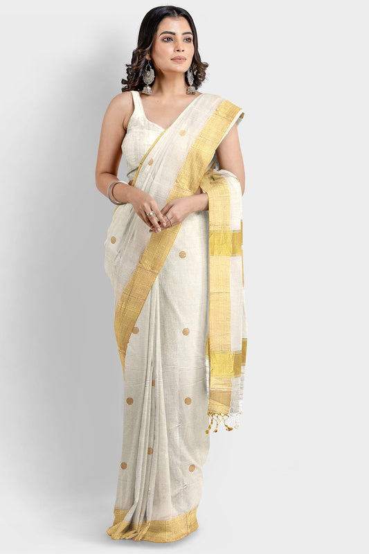 Kerala Handloom Kasavu Saree with Golden Leaf Motif