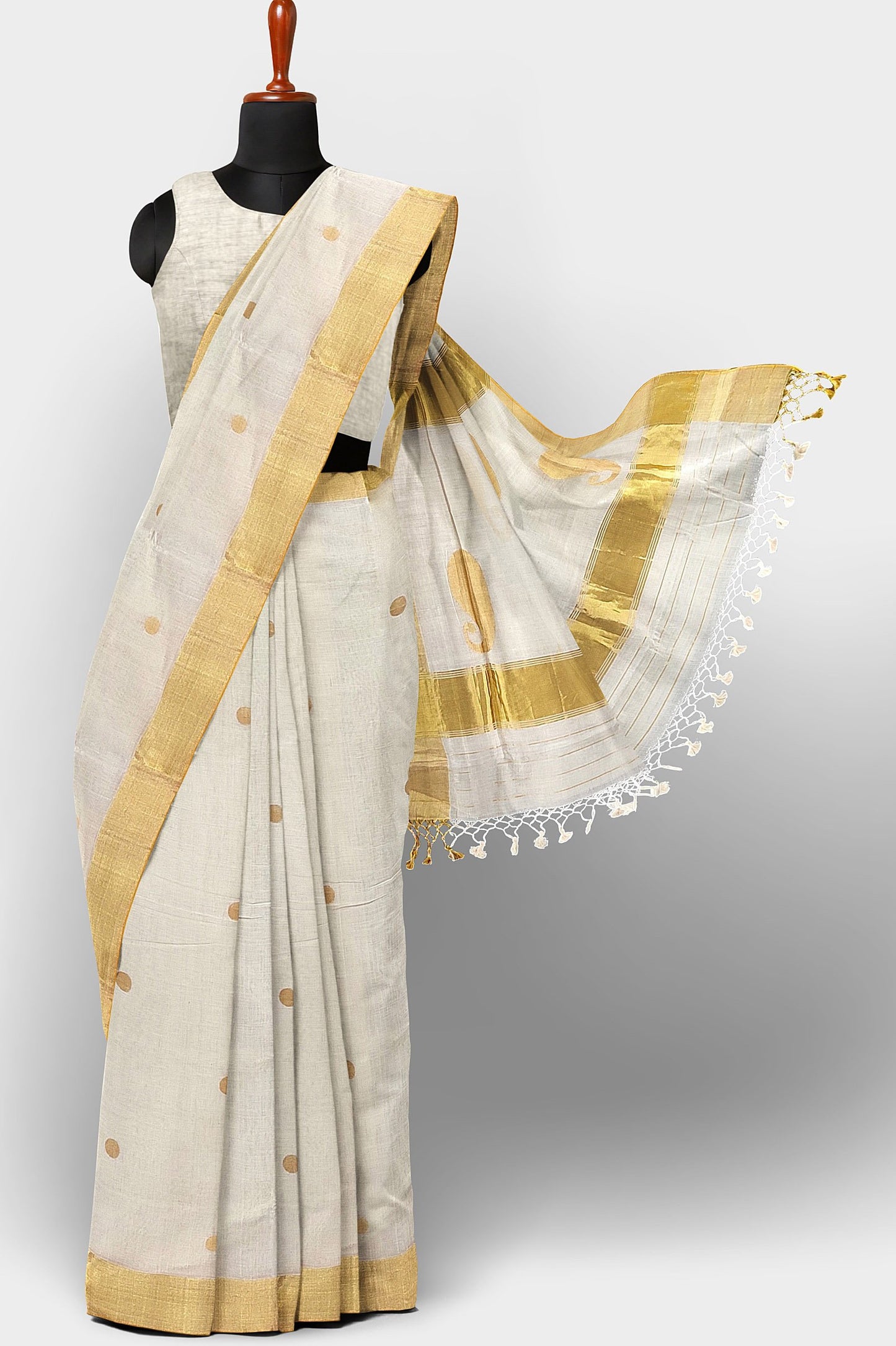 Kerala Handloom Kasavu Saree with Golden Leaf Motif