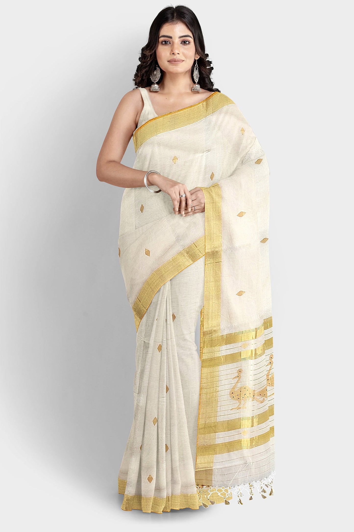 Kerala Handloom Kasavu Saree with Golden Peacock Motif