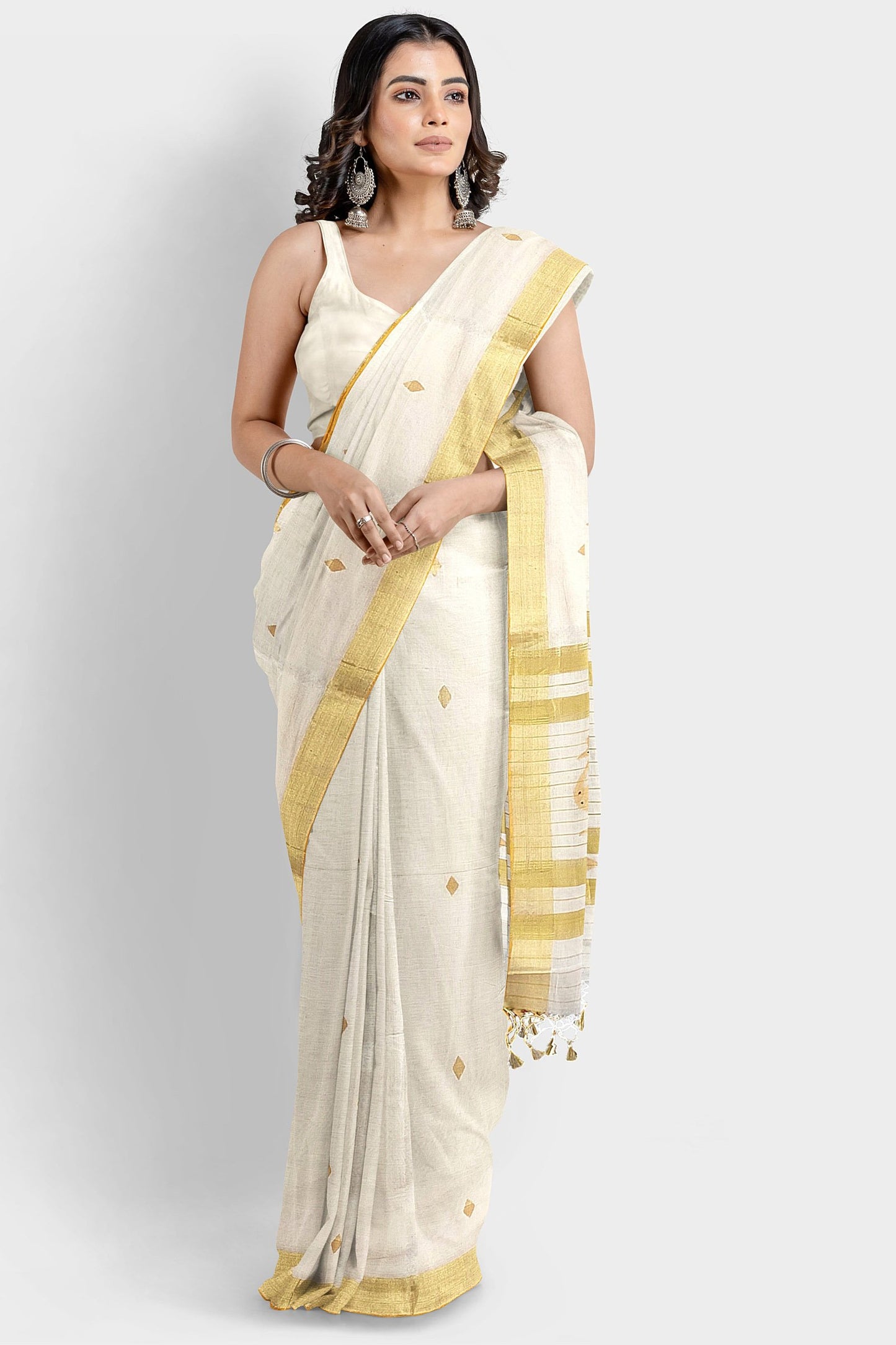 Kerala Handloom Kasavu Saree with Golden Peacock Motif