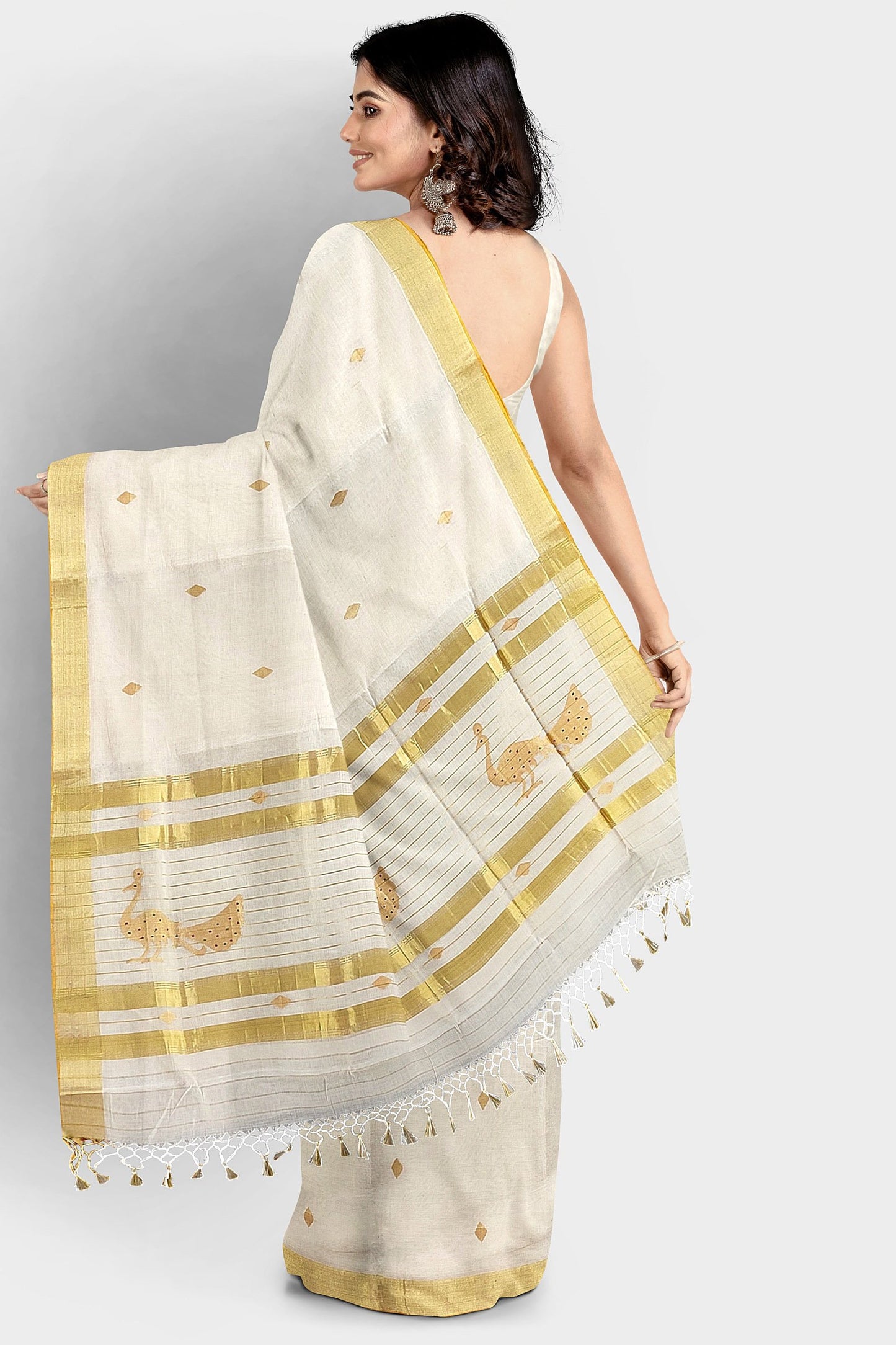 Kerala Handloom Kasavu Saree with Golden Peacock Motif