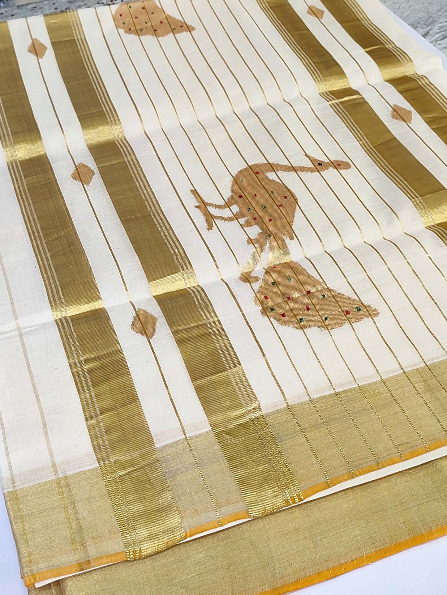 Kerala Handloom Kasavu Saree with Golden Peacock Motif